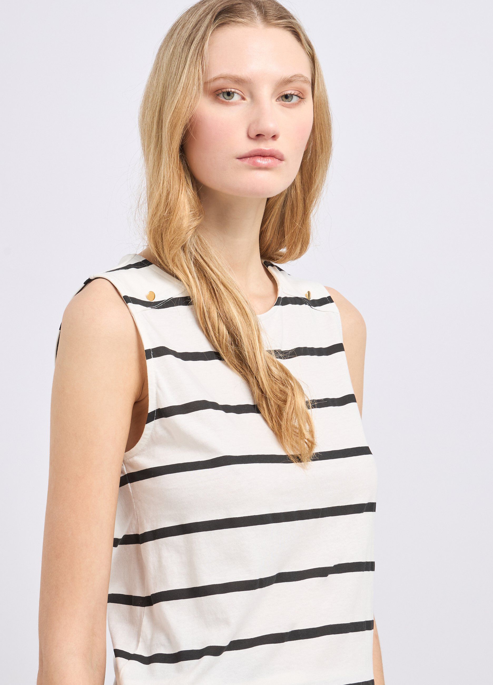 T-shirt smanicata a righe in puro cotone donna_2