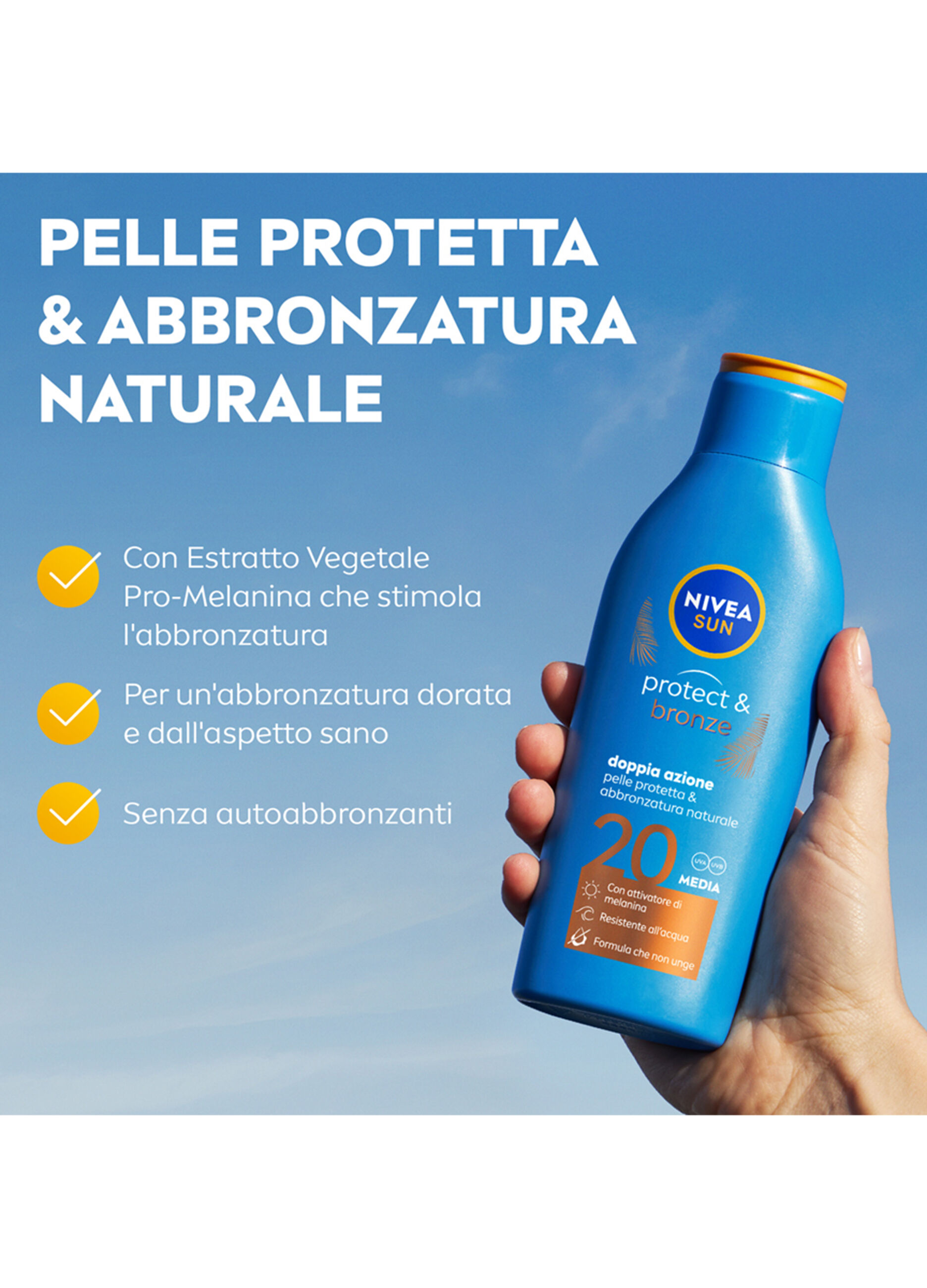 Nivea Sun Latte Solare Protect & Bronze FP20 200 ml, Crema solare 20 per un'abbronzatura dorata