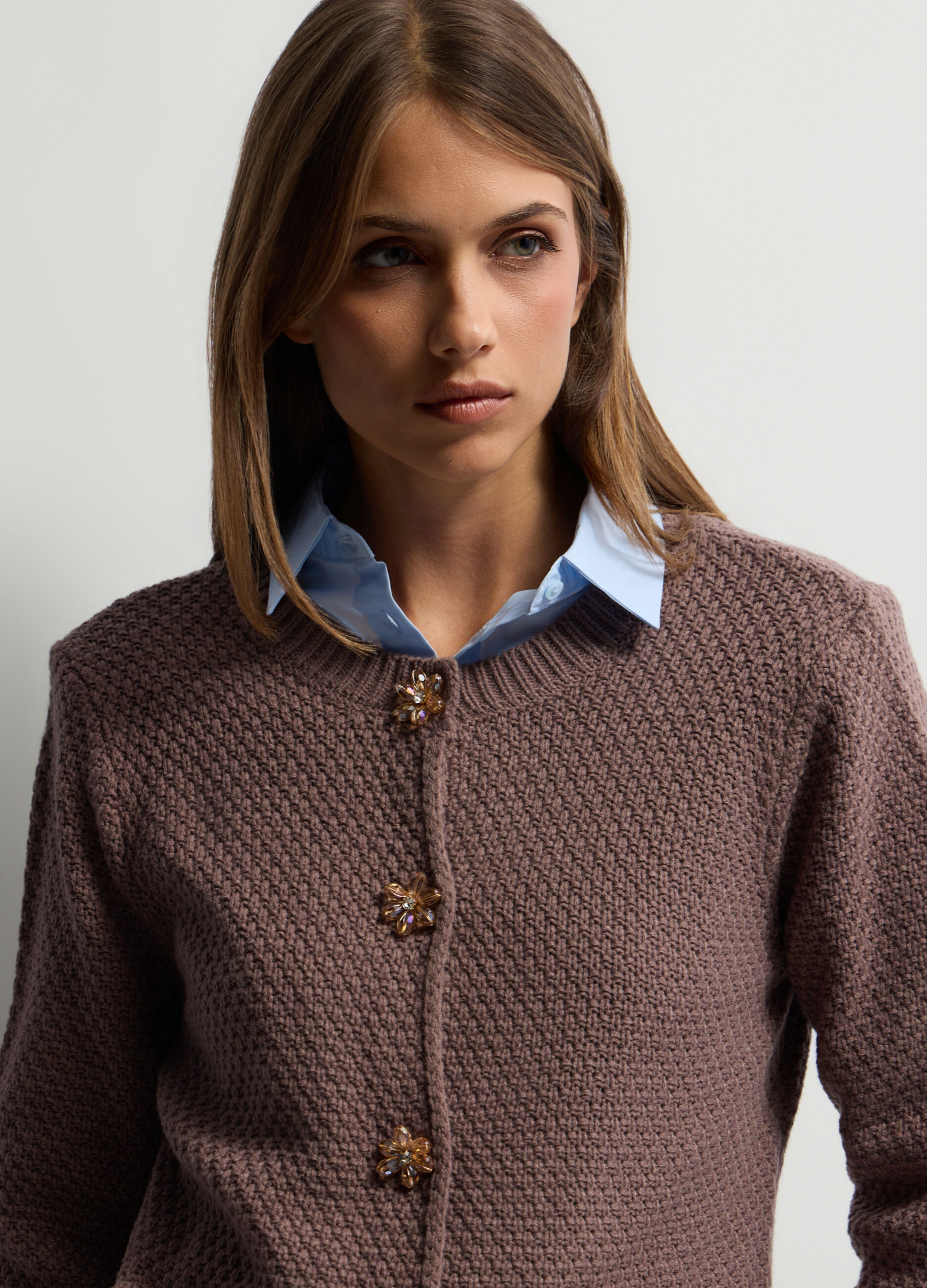 Cardigan girocollo operato misto lana donna_2