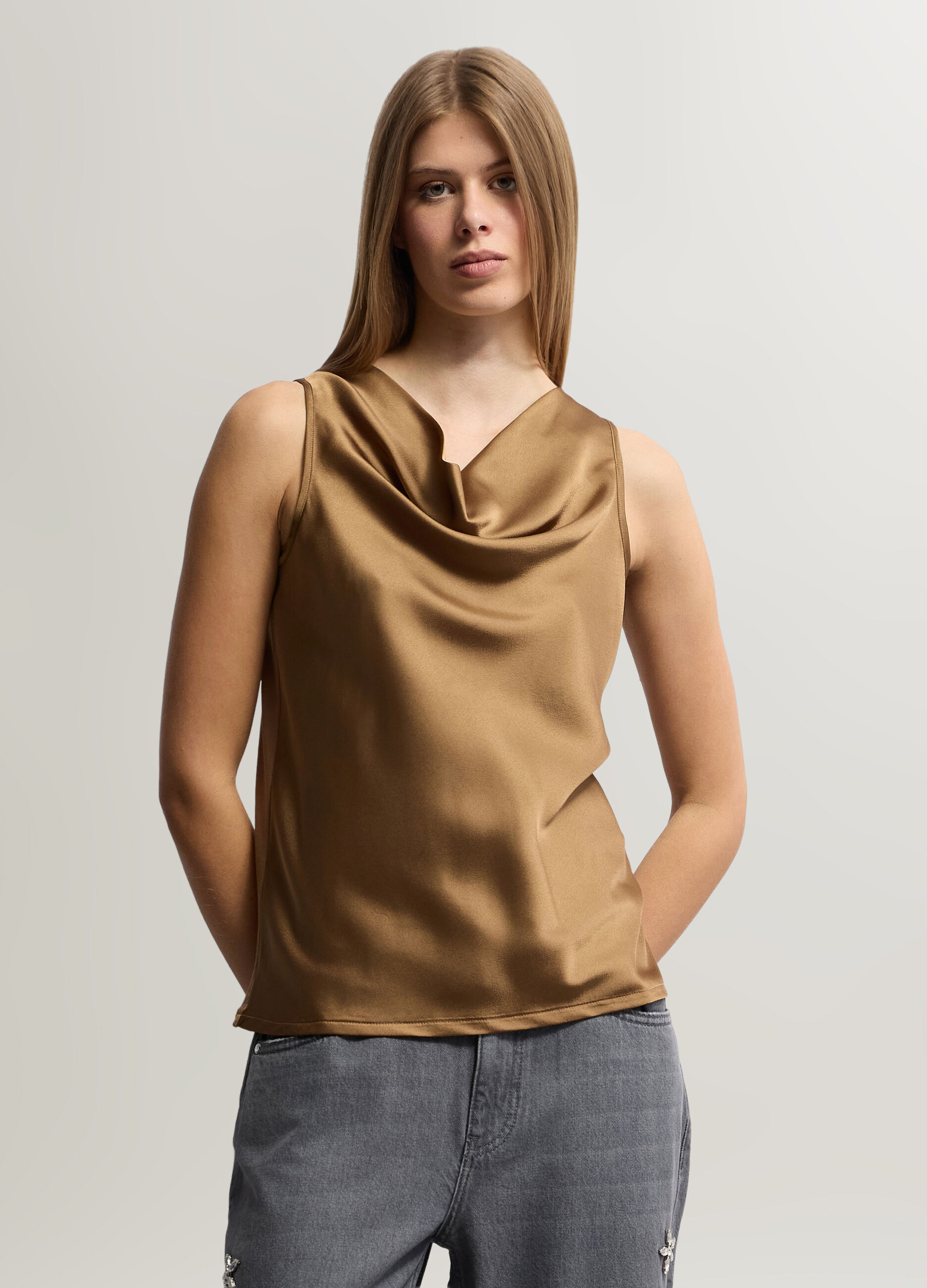 Blusa Fit Regular con scollo drappeggiato in raso donna_0
