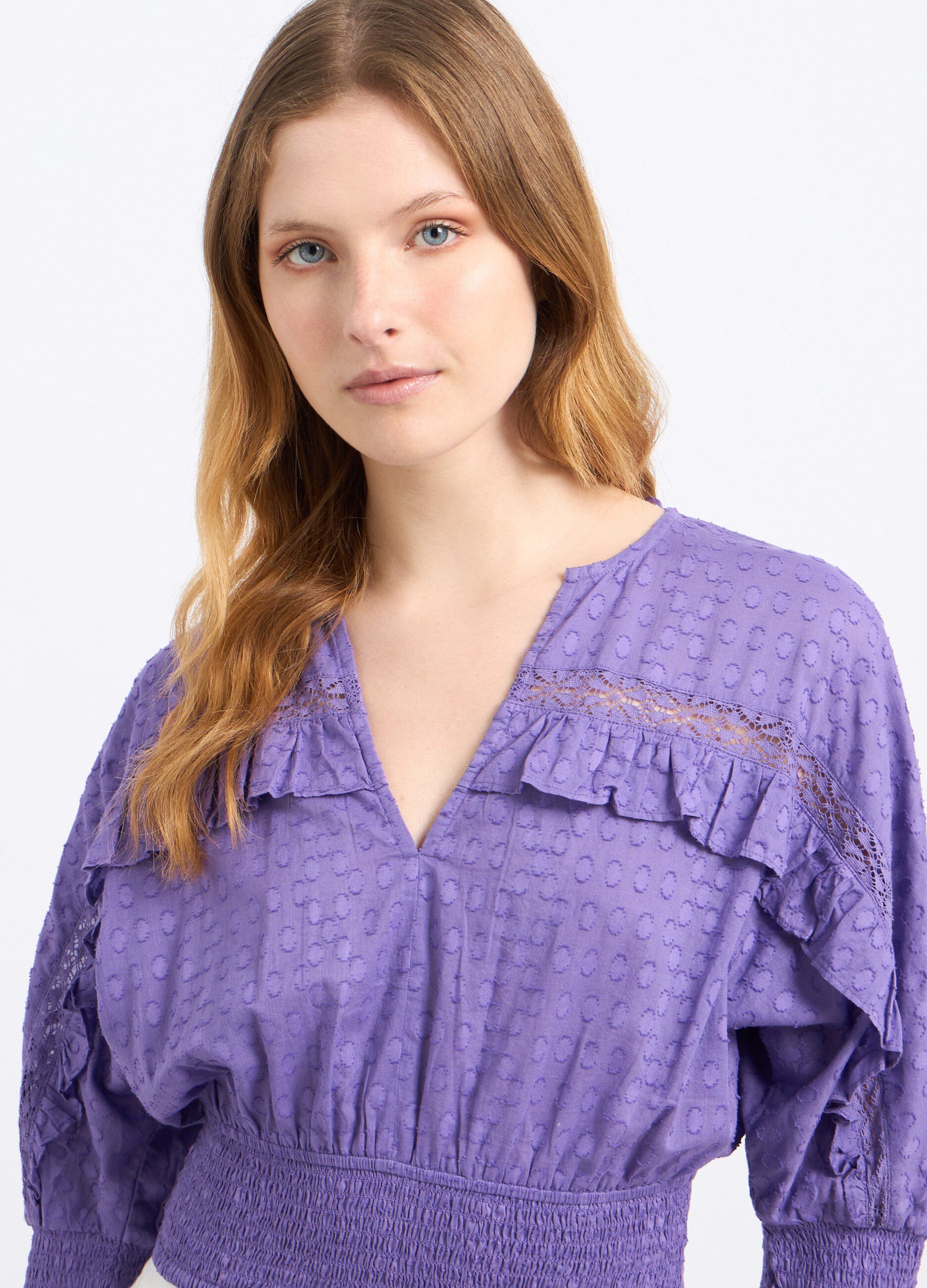 Blusa cropped in puro cotone con lavorazione jacquard donna_2