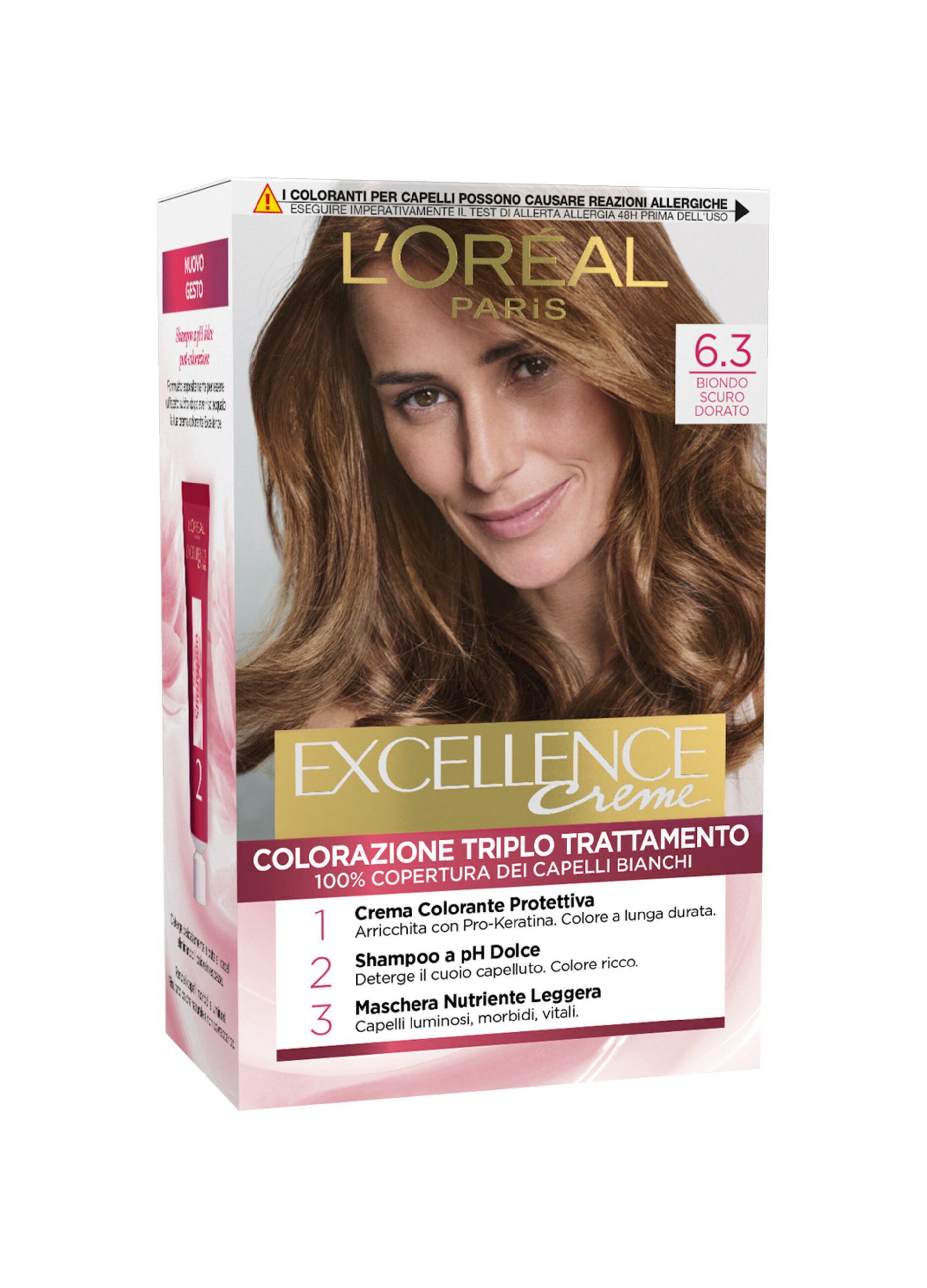 L'Oréal Paris Tinta Capelli Excellence, Copre i capelli bianchi, colore ricco, luminoso e a lunga durata, 6.3 Biondo Scuro Dorato._0