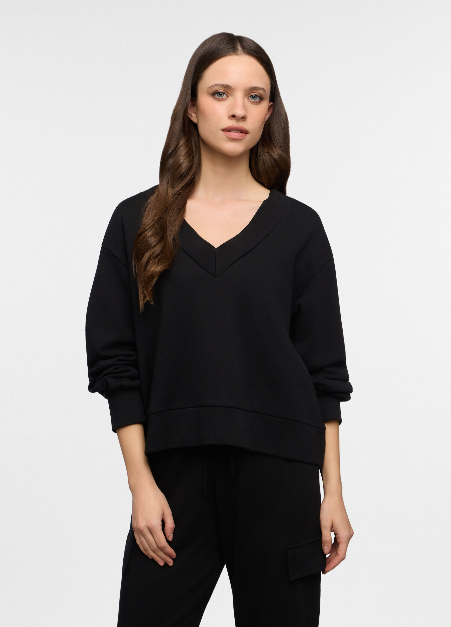 Felpa con scollo a V in french terry donna_0