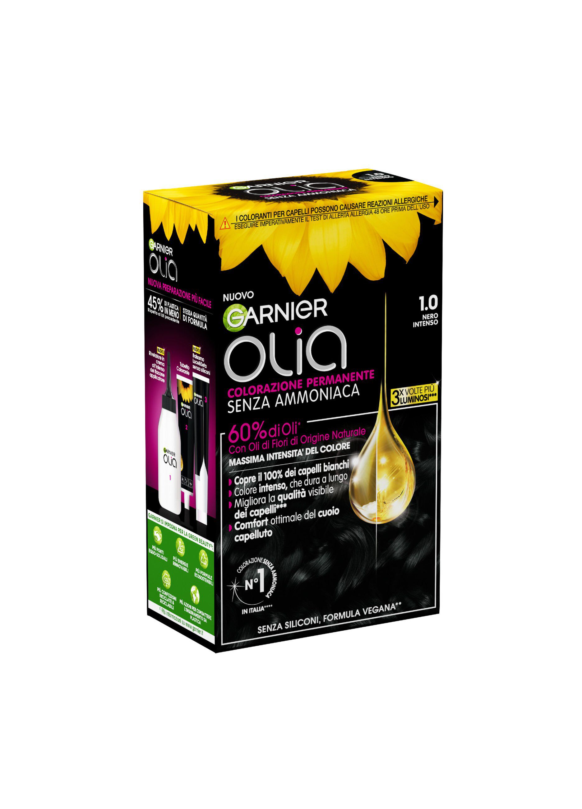 Garnier Tinta Capelli Olia, Colorazione permanente senza ammoniaca per una fragranza delicata, copre il 100% dei capelli bianchi, Con oli di fiori di origine naturale, Nero Intenso (1.0).