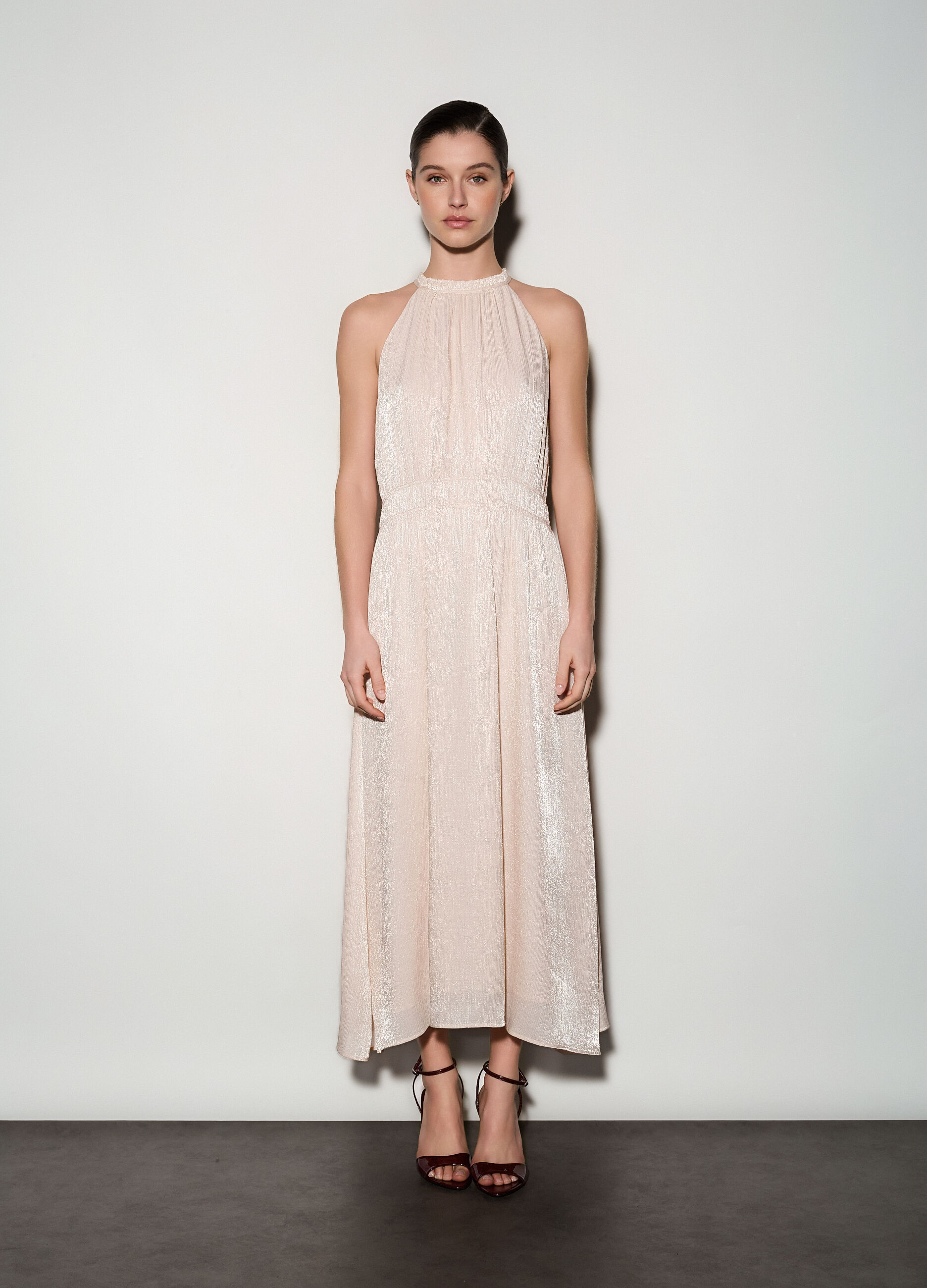 Abito lungo in raso pliss&eacute; donna_1