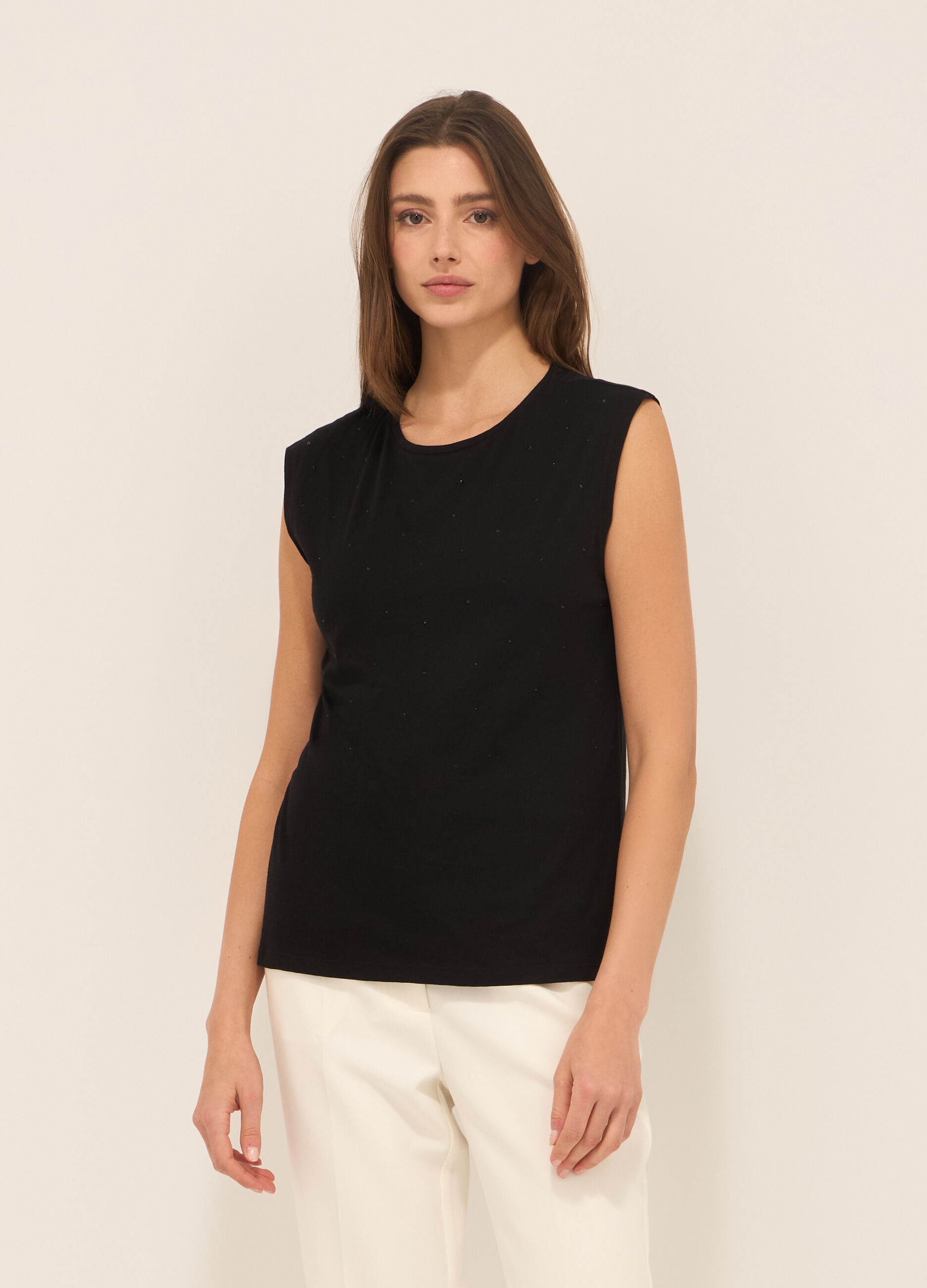 T-shirt smanicata in puro cotone donna_0