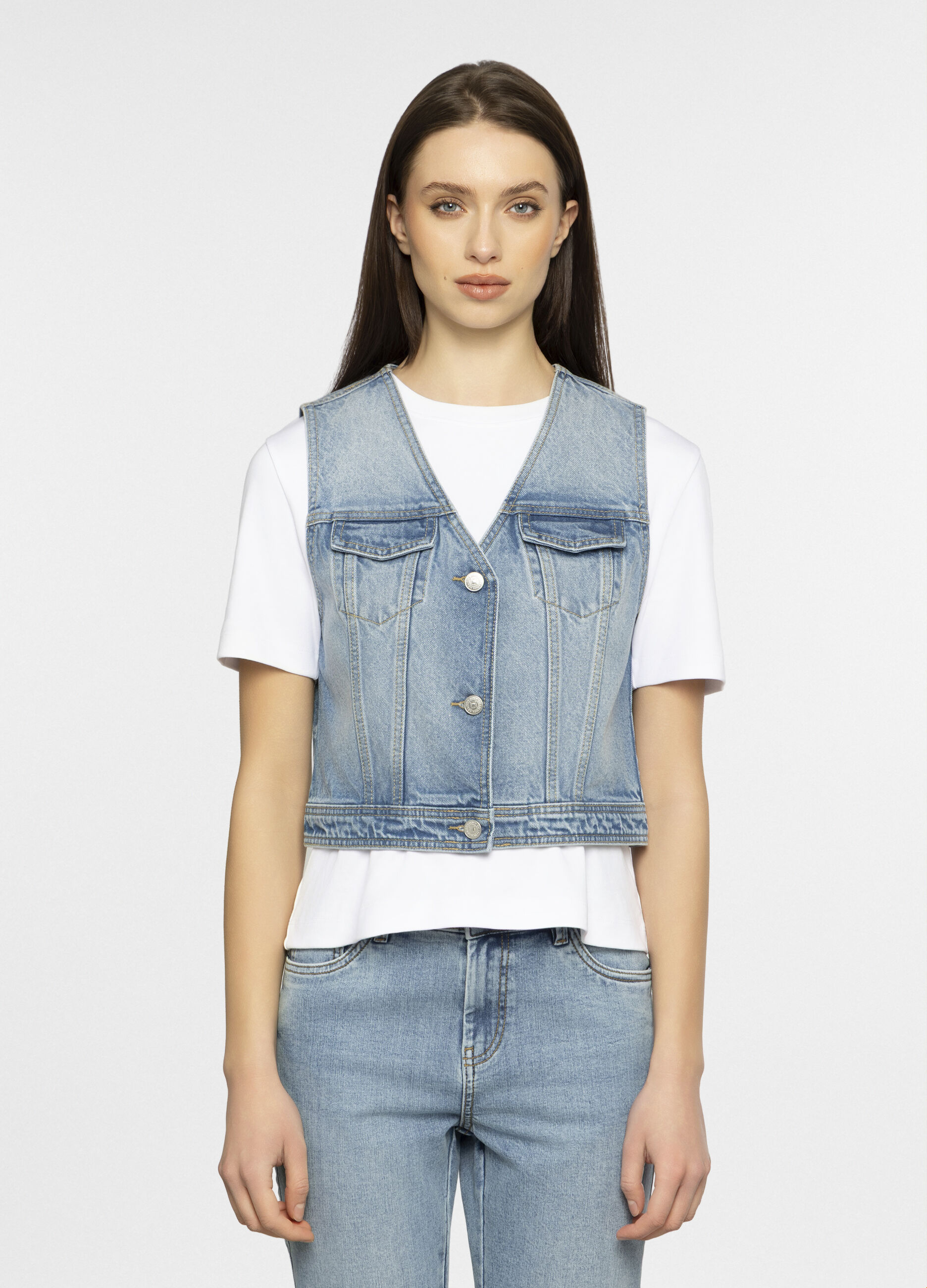 Gilet fit cropped in denim donna_0