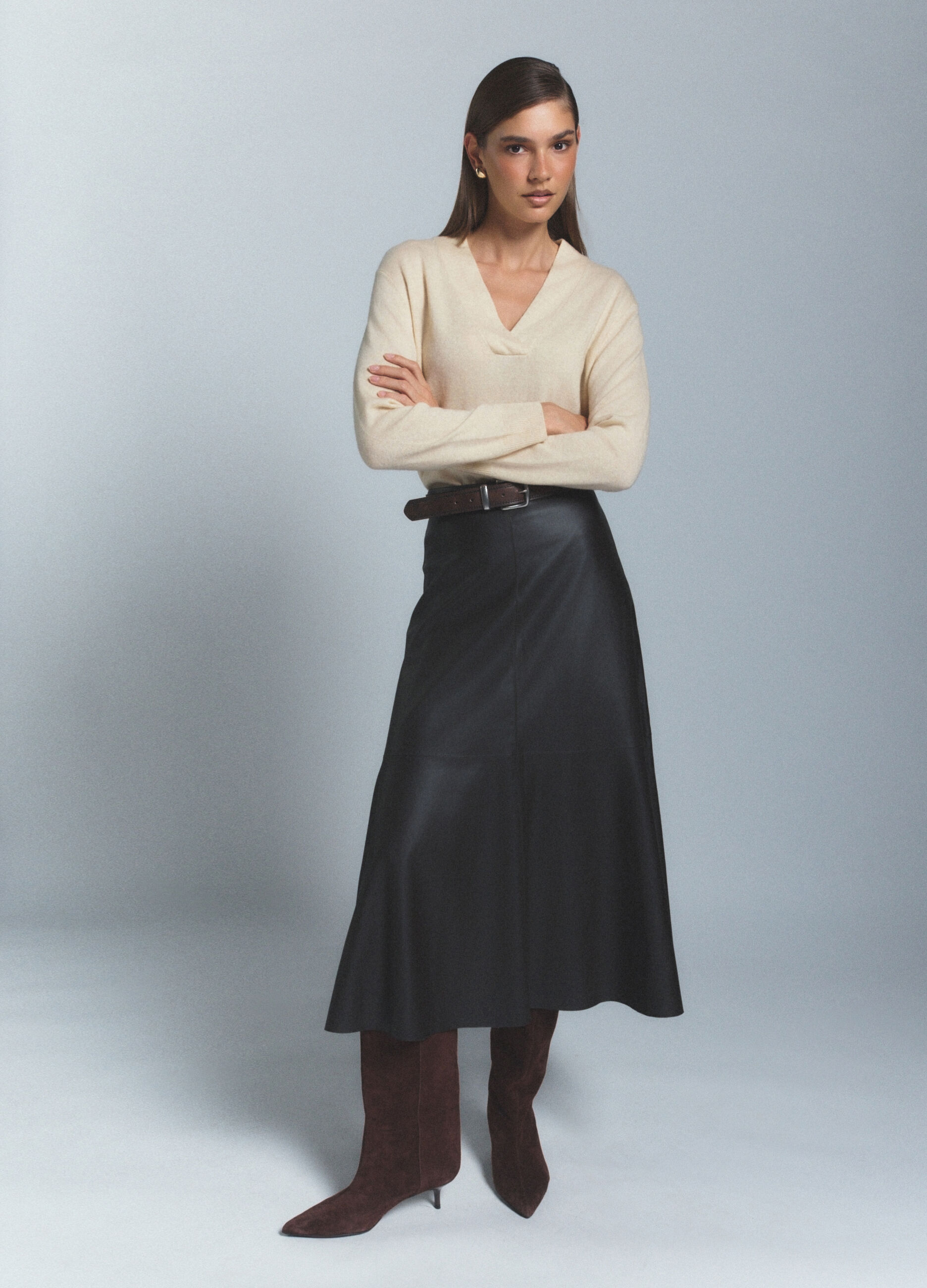 Pullover con scollo a V rasato misto cashmere donna_0
