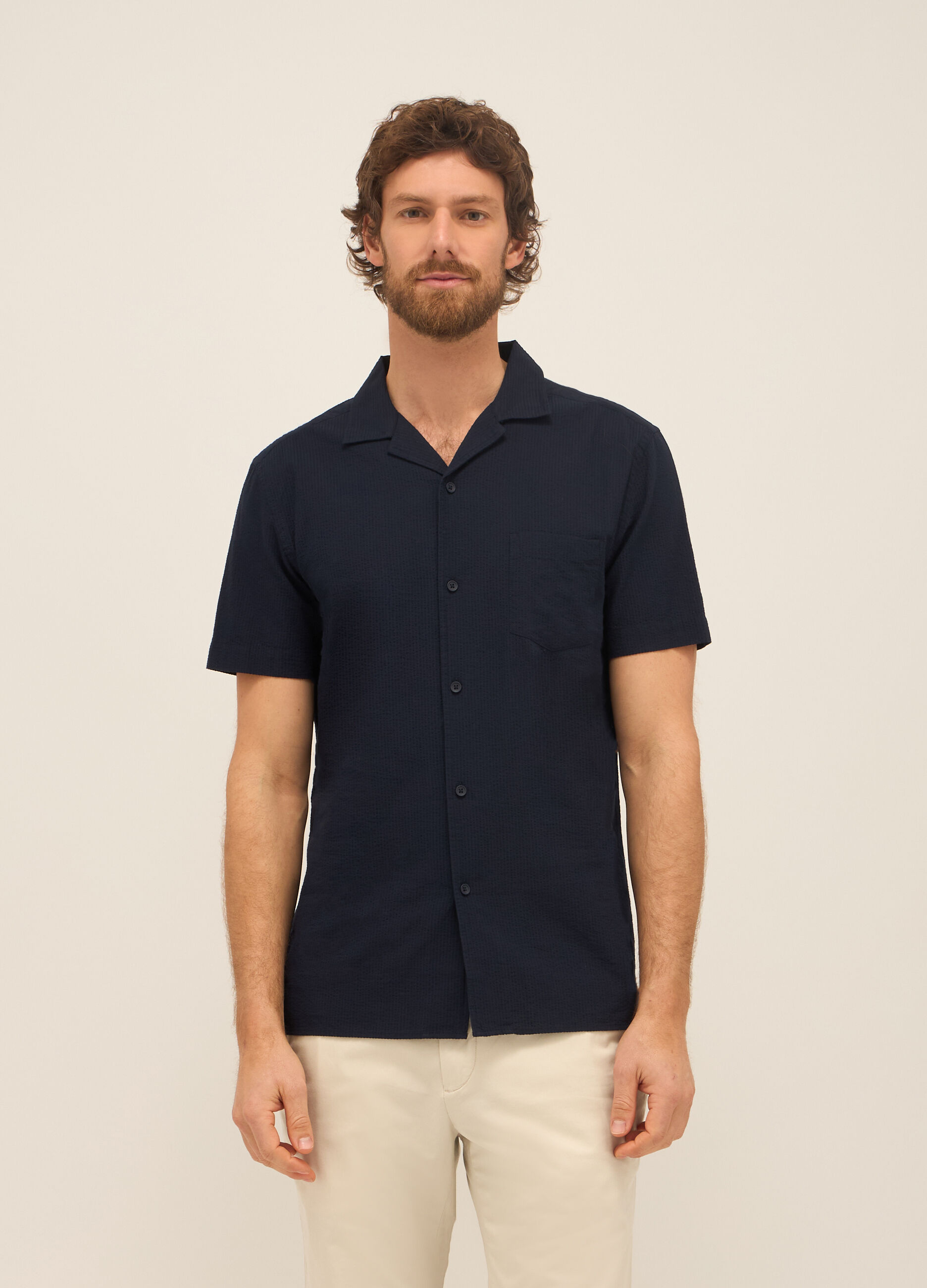 Camicia a maniche corte in cotone seersucker uomo_0