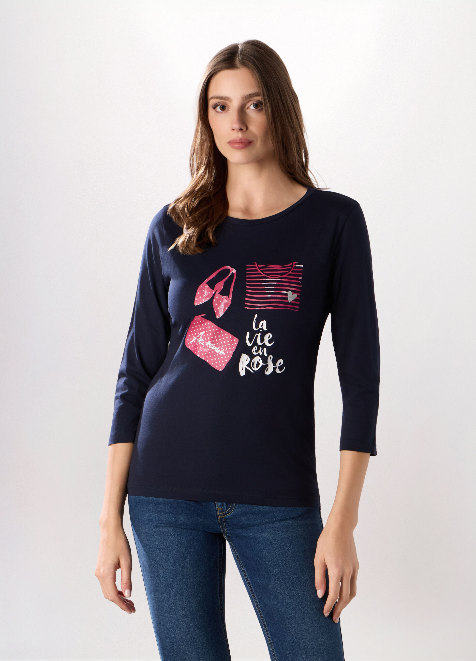 T-shirt in puro cotone con maniche a 3/4 donna_0