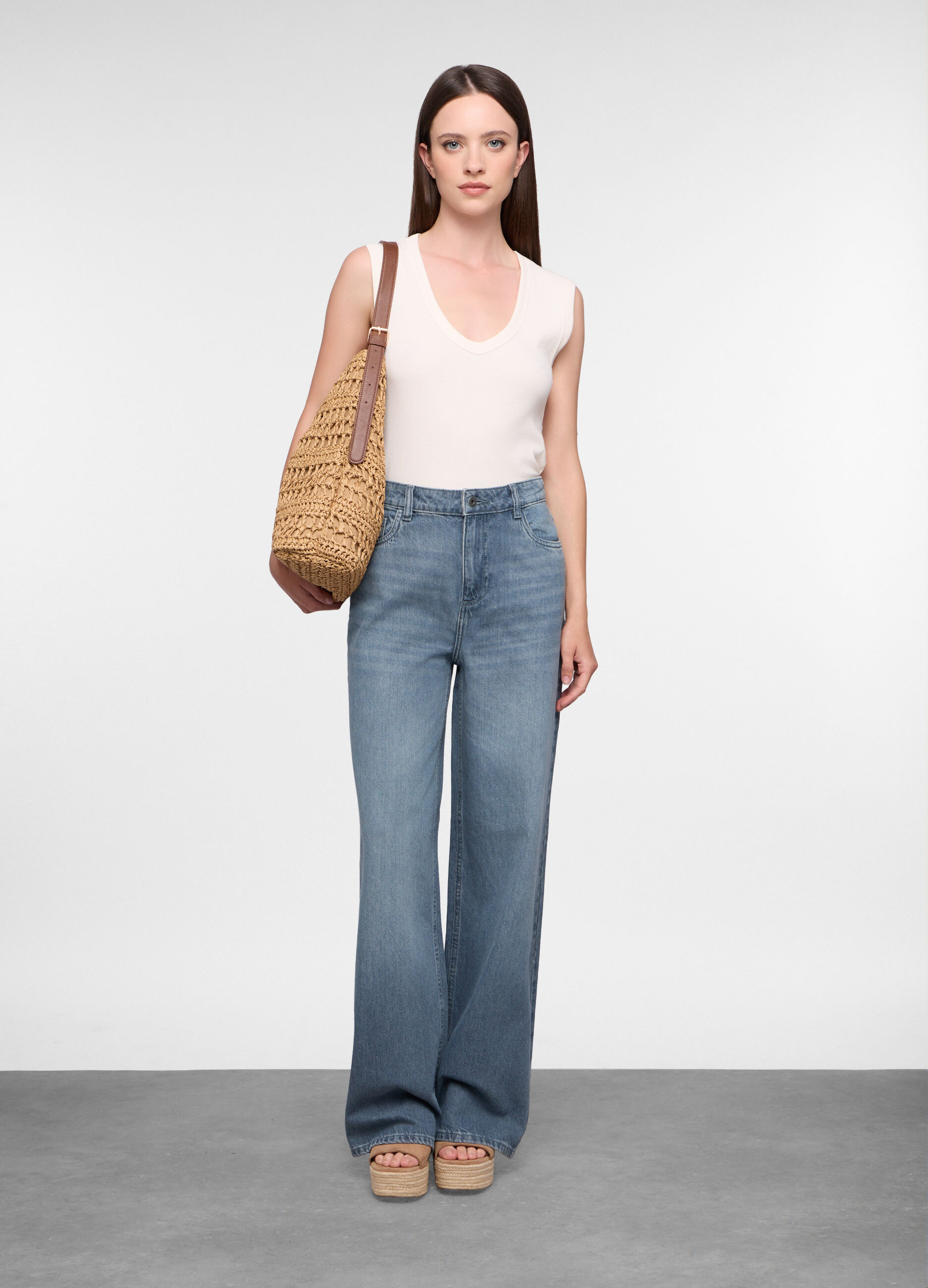 Pantaloni Wide Leg in denim di puro cotone donna_0
