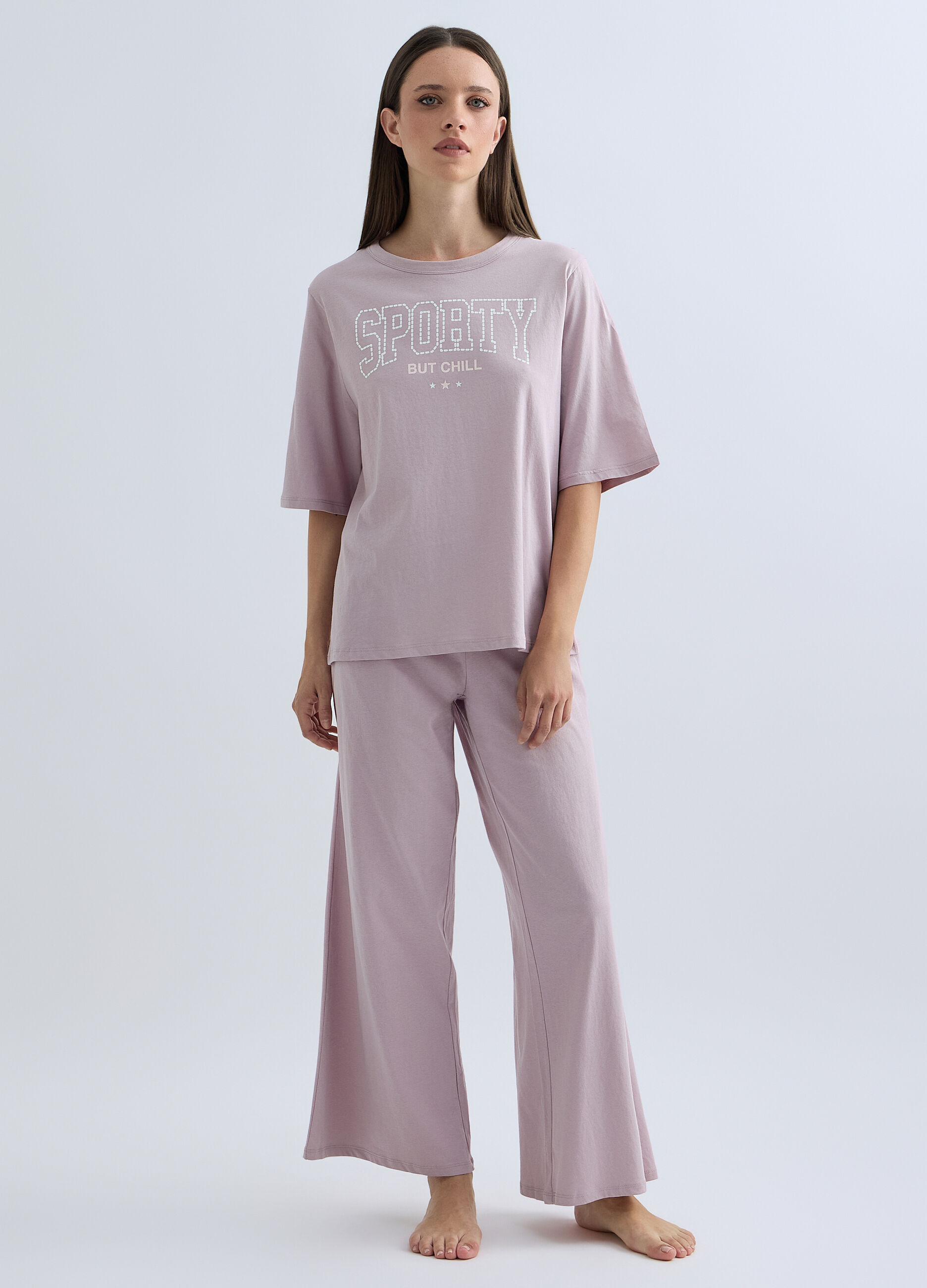 Pigiama lungo in cotone misto viscosa donna_0