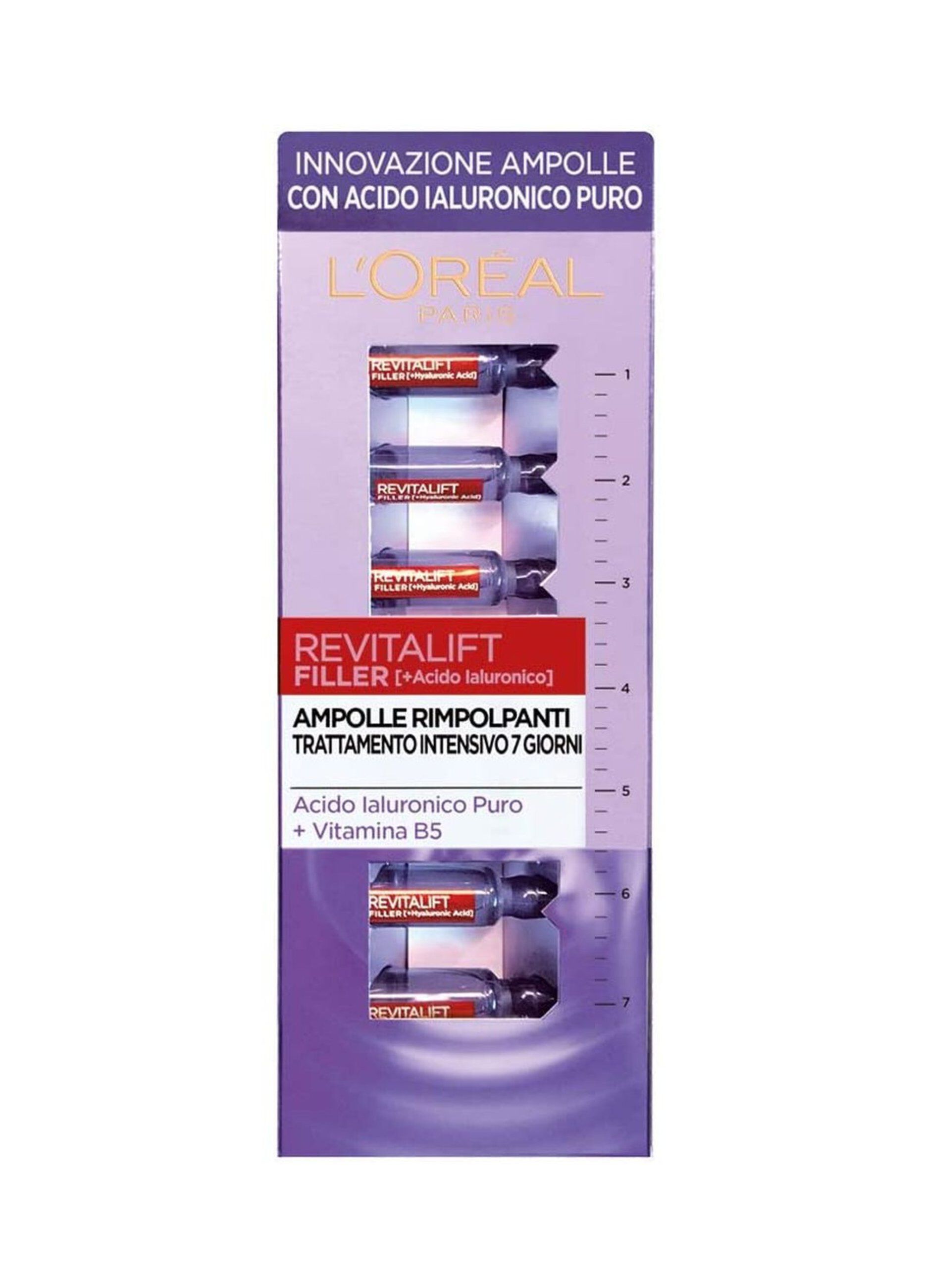 L'Oréal Paris Ampolle Rimpolpanti Revitalift Filler, Azione Antirughe, con Acido Ialuronico Puro 100% Concentrato e Vitamina B5, Trattamento Intensivo 7 Giorni, 7x1 ml.