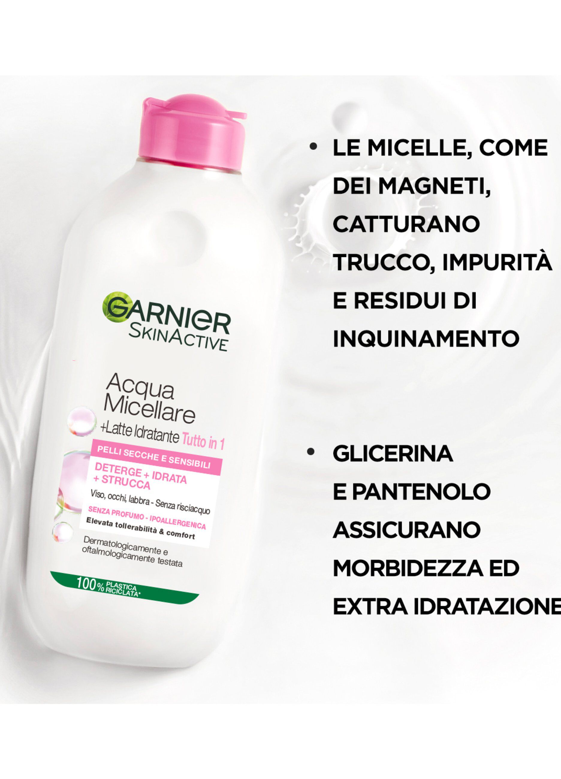 Garnier Acqua Micellare + Latte Idratante Micellare, Acqua Micellare + Latte Idratante per pelli secche; strucca, deterge e idrata, 400 ml.