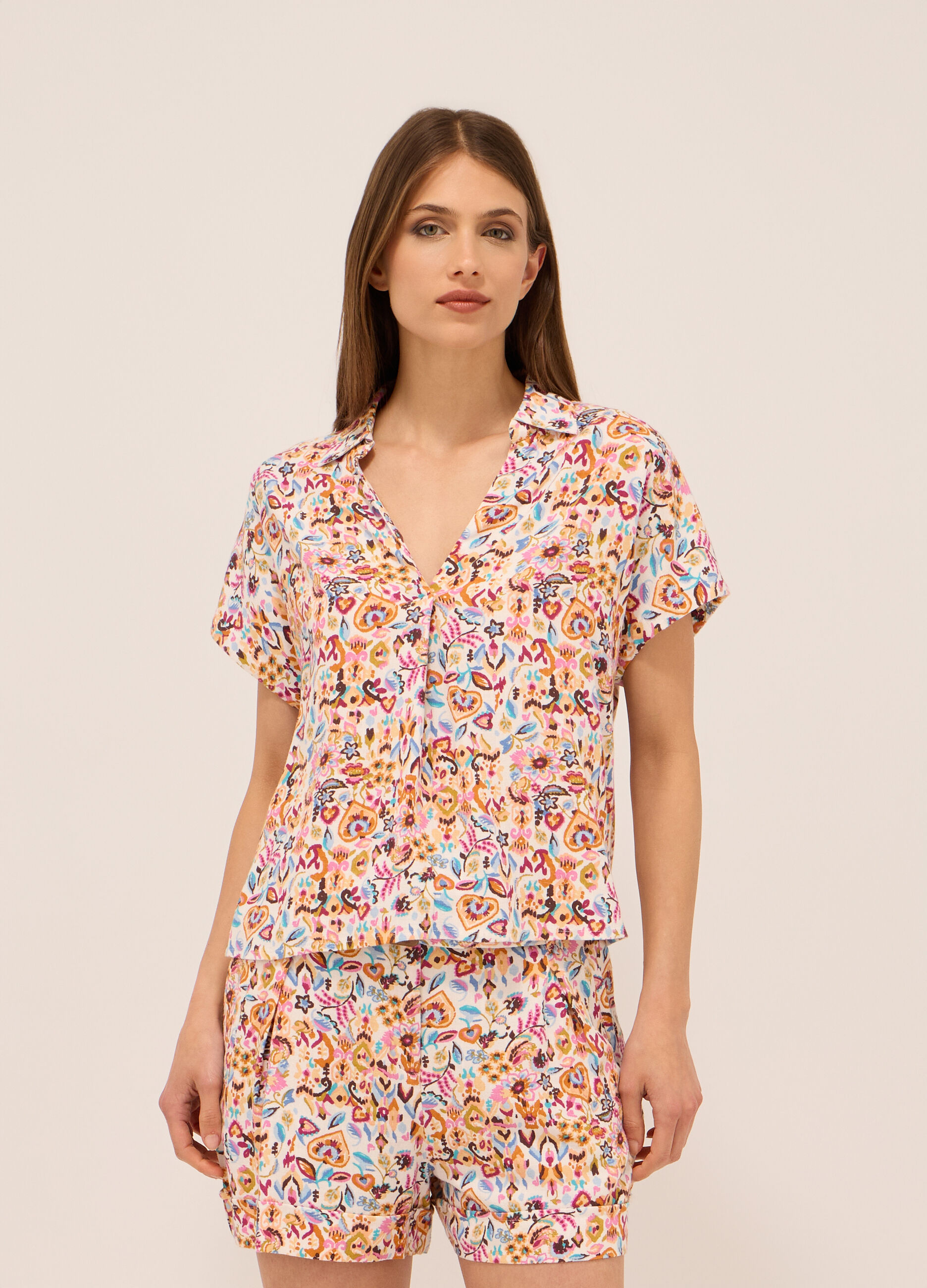 Blusa misto lino con stampa donna_0