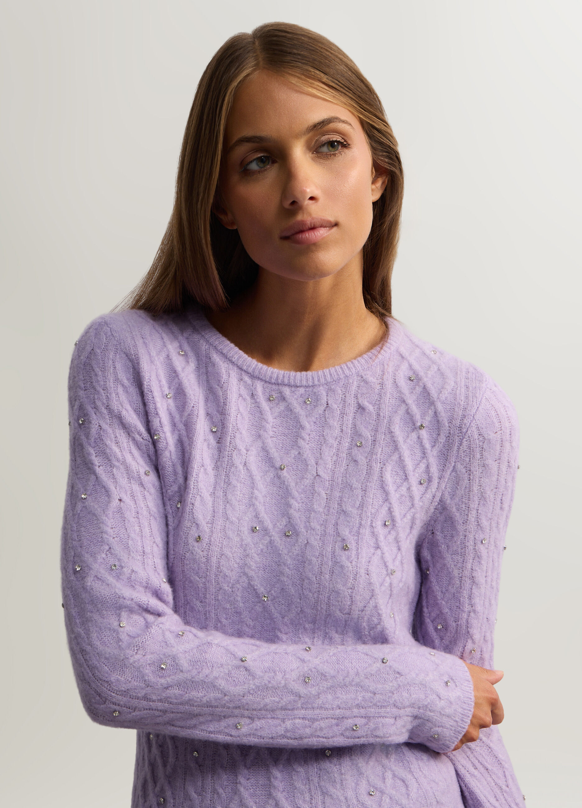 Pullover girocollo stretch a treccia donna_2