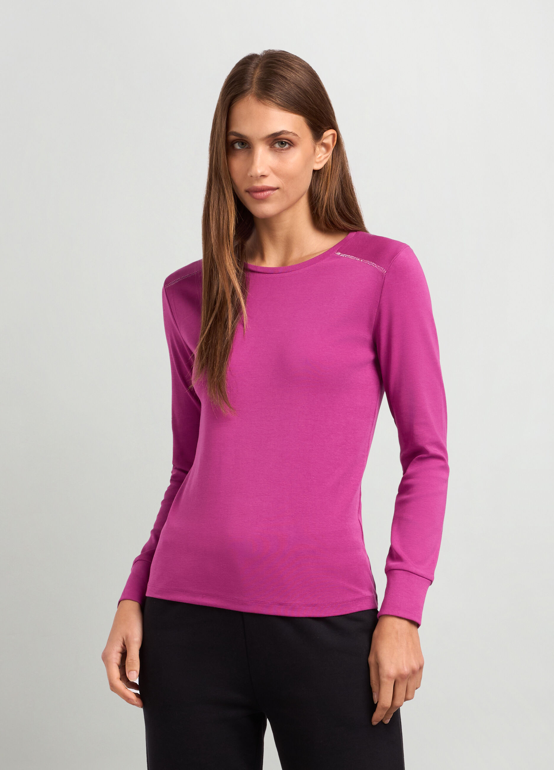 T-shirt a maniche lunghe in cotone stretch donna_0