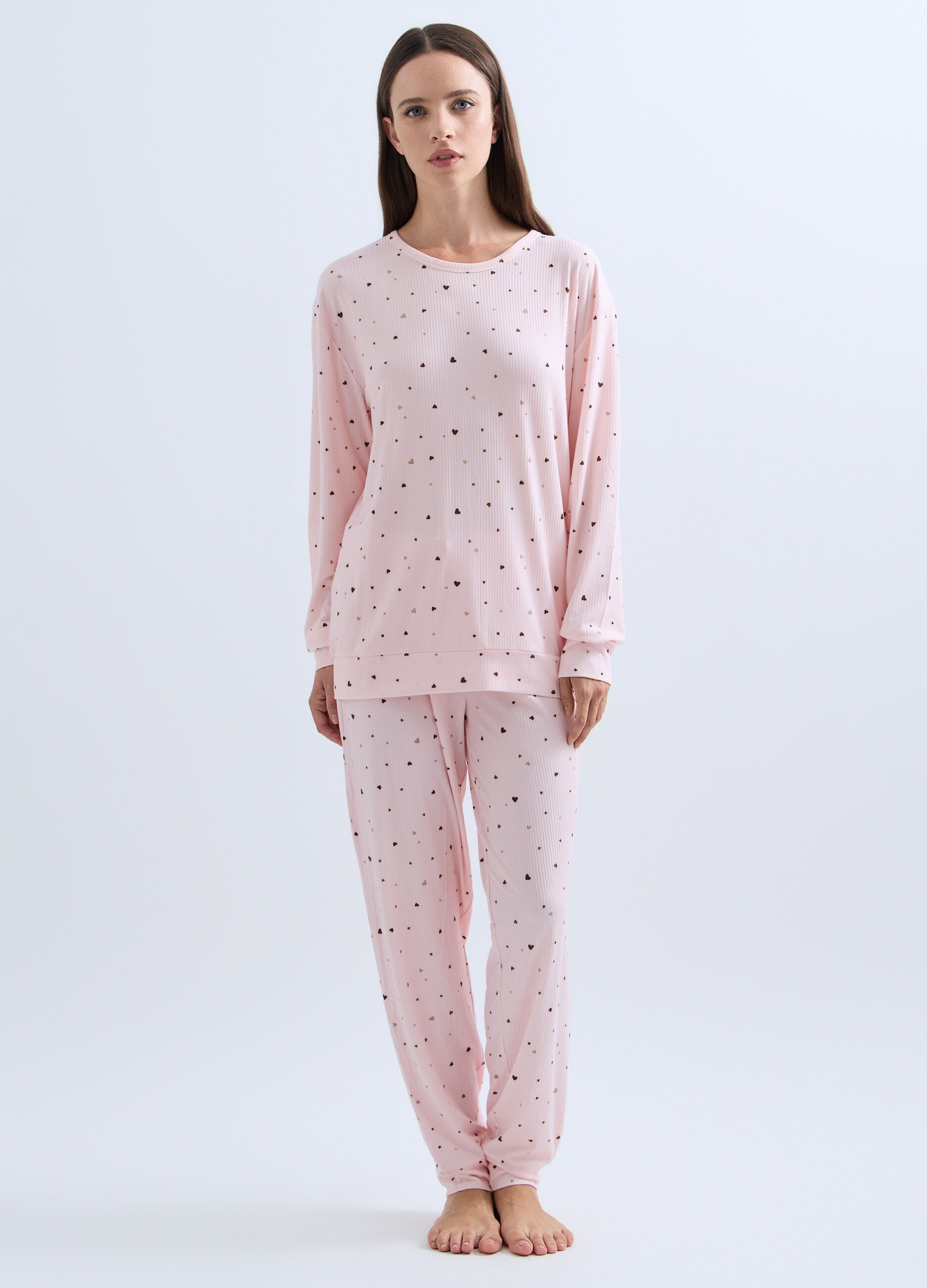 Set pigiama lungo in costina stretch donna_0
