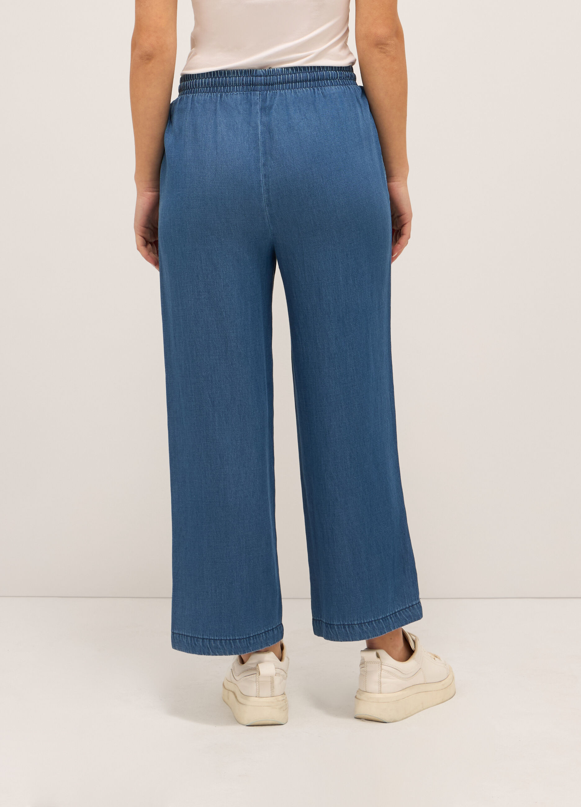 Pantaloni wide leg in denim di misto cotone donna_1