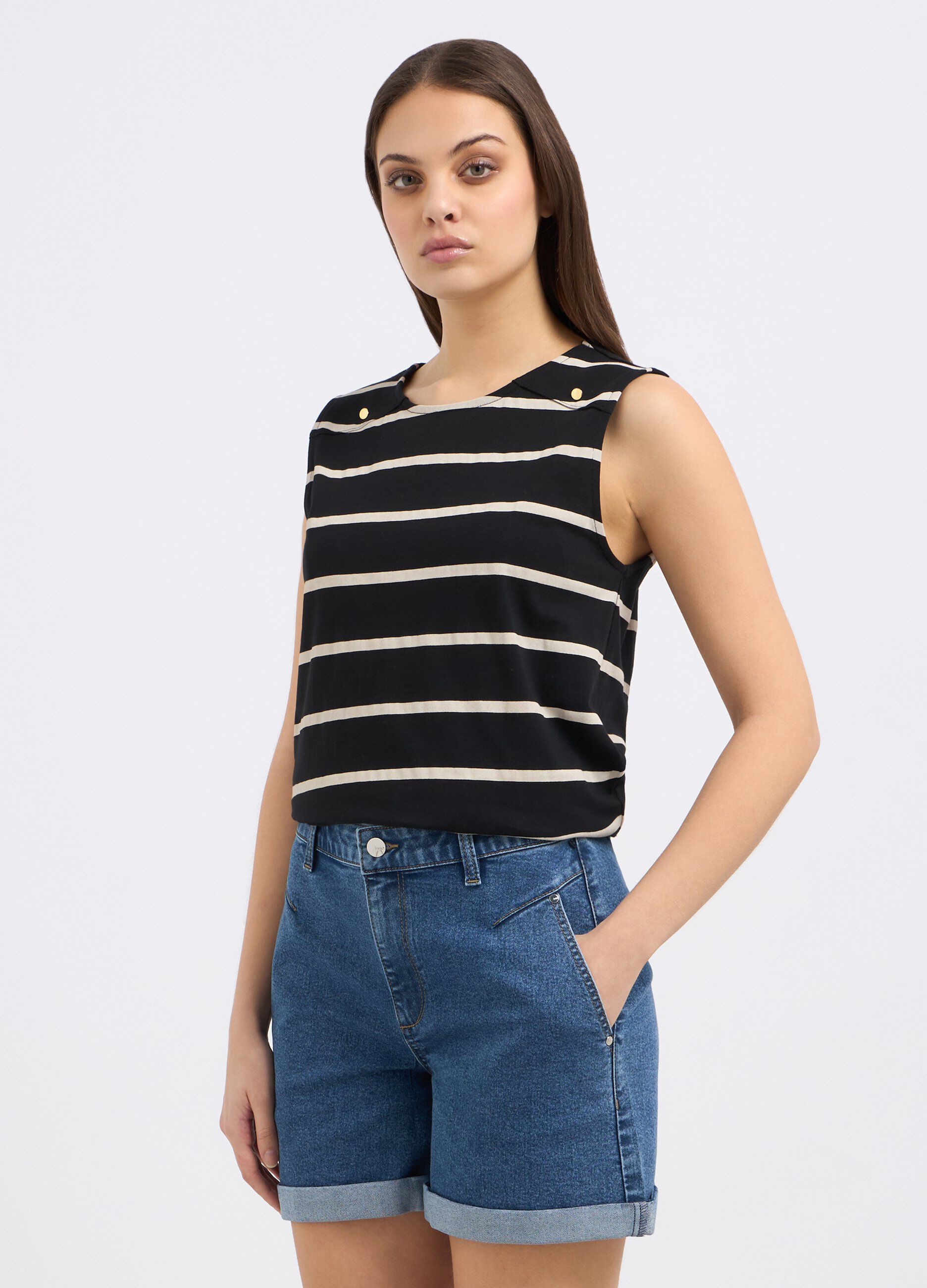 T-shirt smanicata a righe in puro cotone donna_0