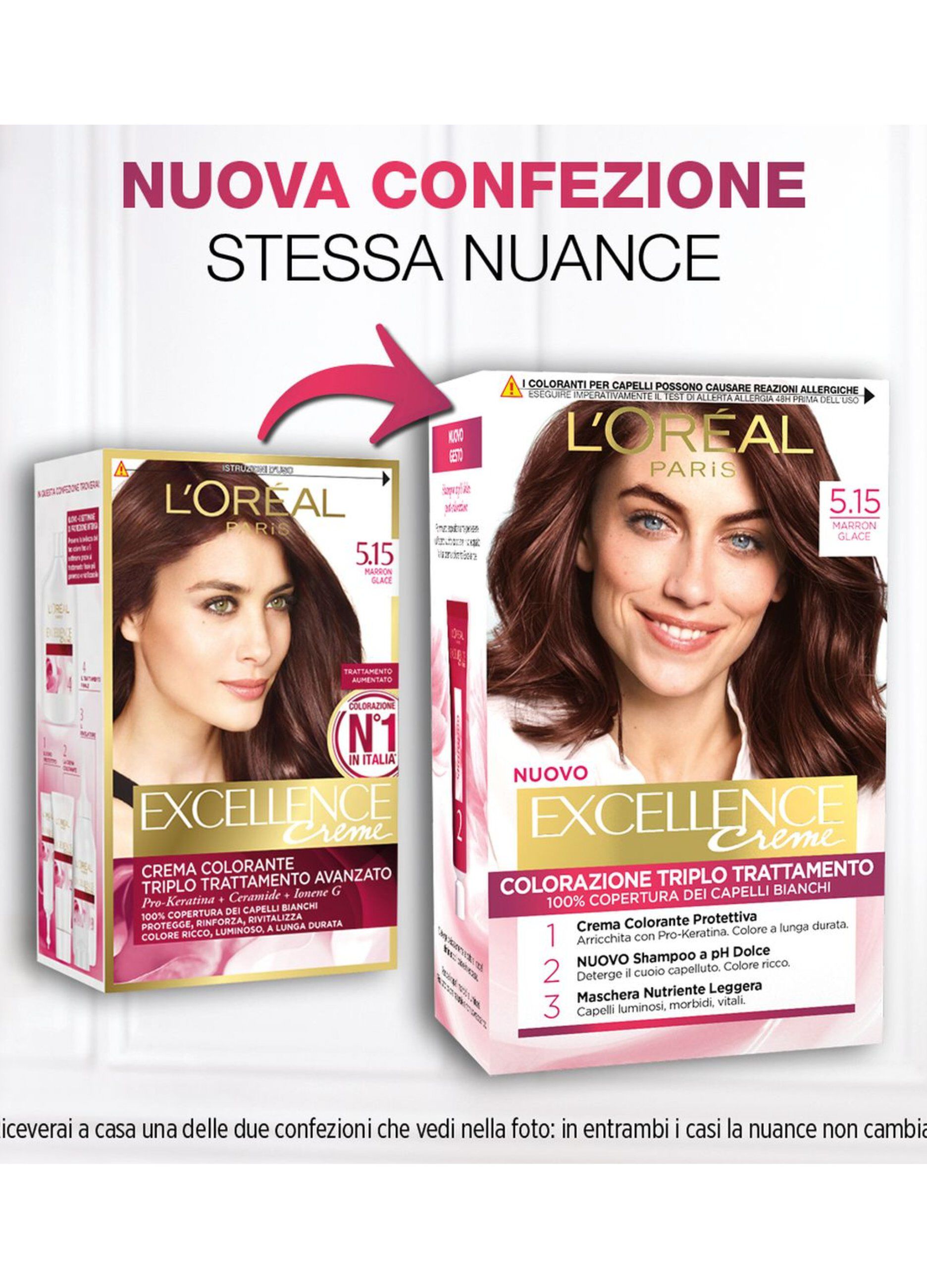 L'Oréal Paris Tinta Capelli Excellence, Copre i capelli bianchi, colore ricco, luminoso e a lunga durata, 5.15 Marron Glace.