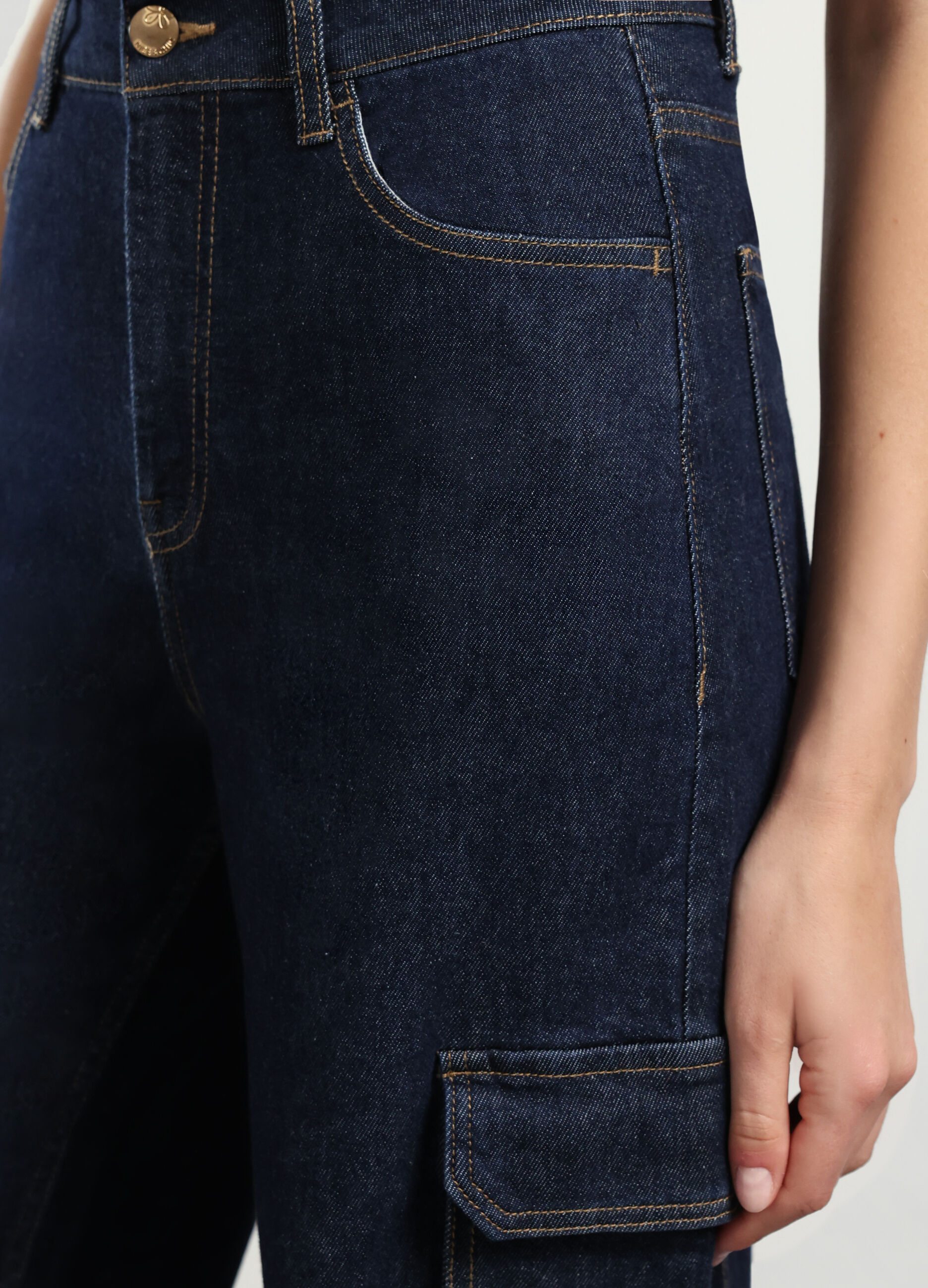Pantaloni cargo in denim di cotone stretch donna_2
