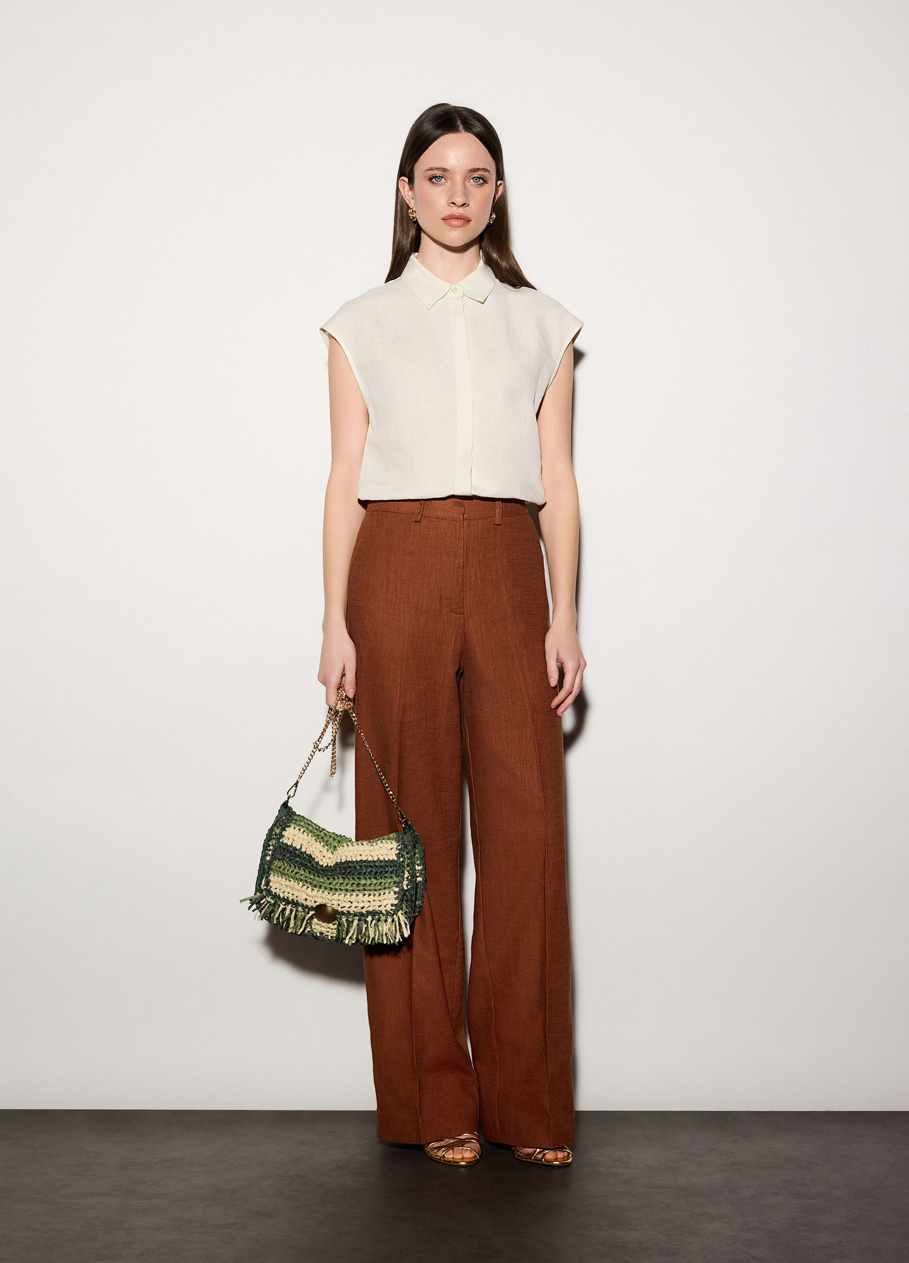 Pantaloni chino regular fit misto lino donna_0