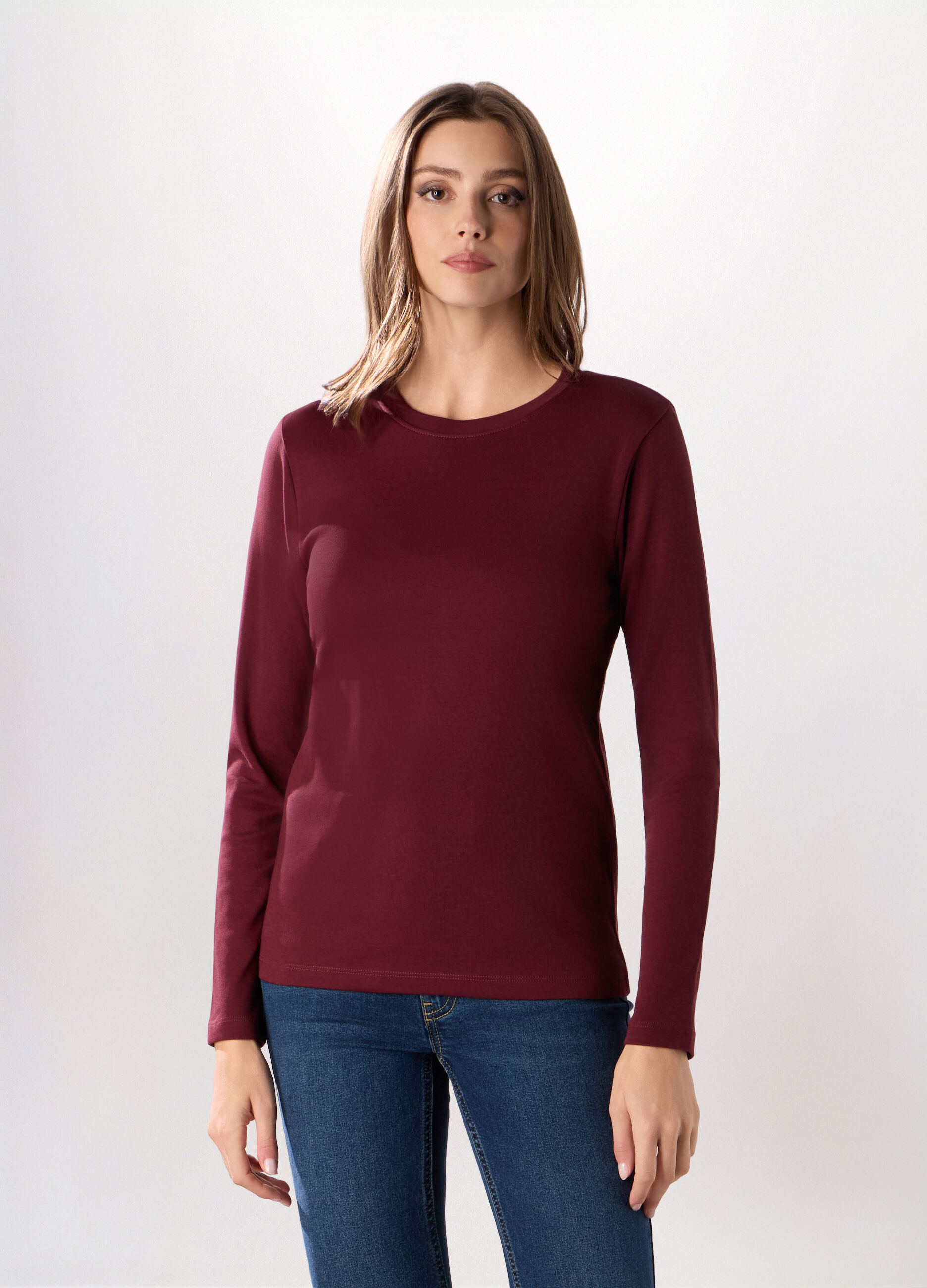 T-shirt a manica lunga in interlock di puro cotone donna_0
