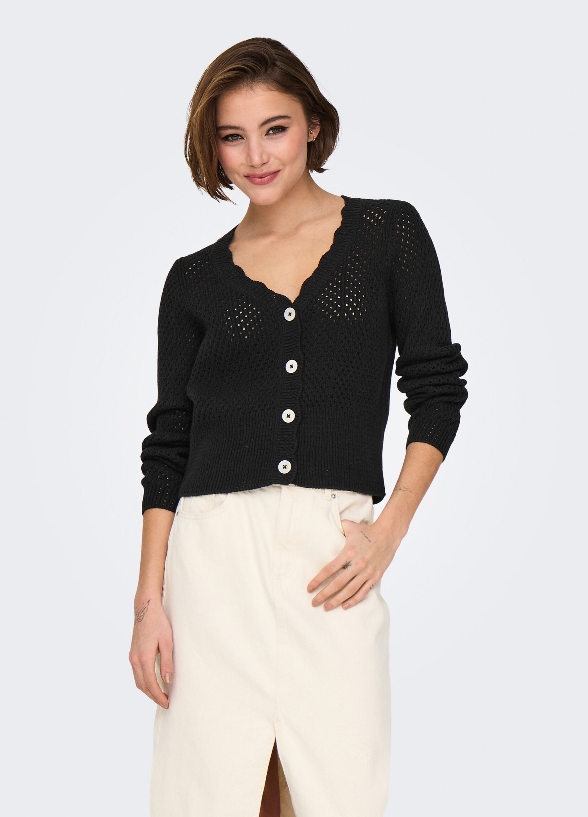 Cardigan tricot con lavorazione traforata donna_2