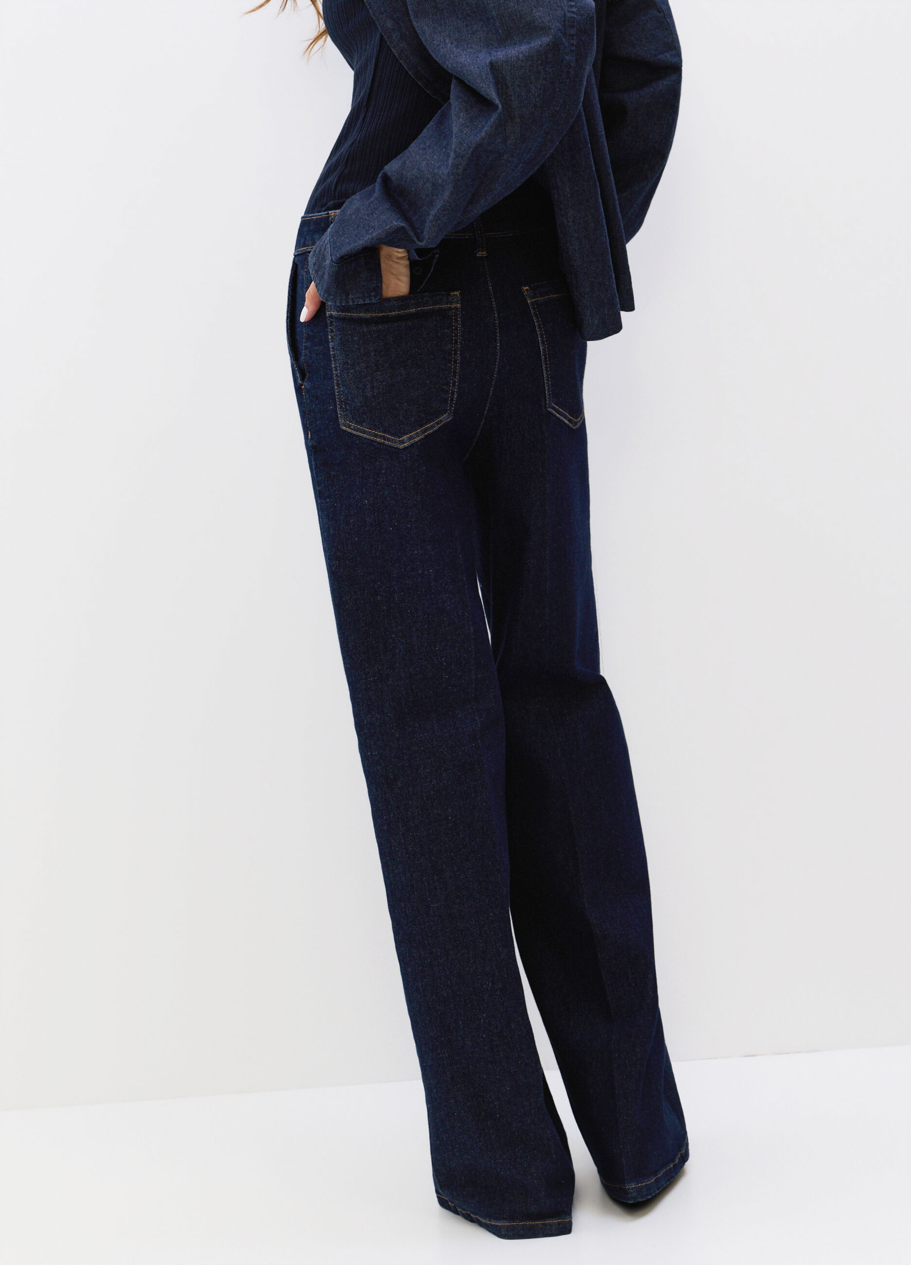 Pantaloni Wide Leg in denim di cotone stretch donna_1