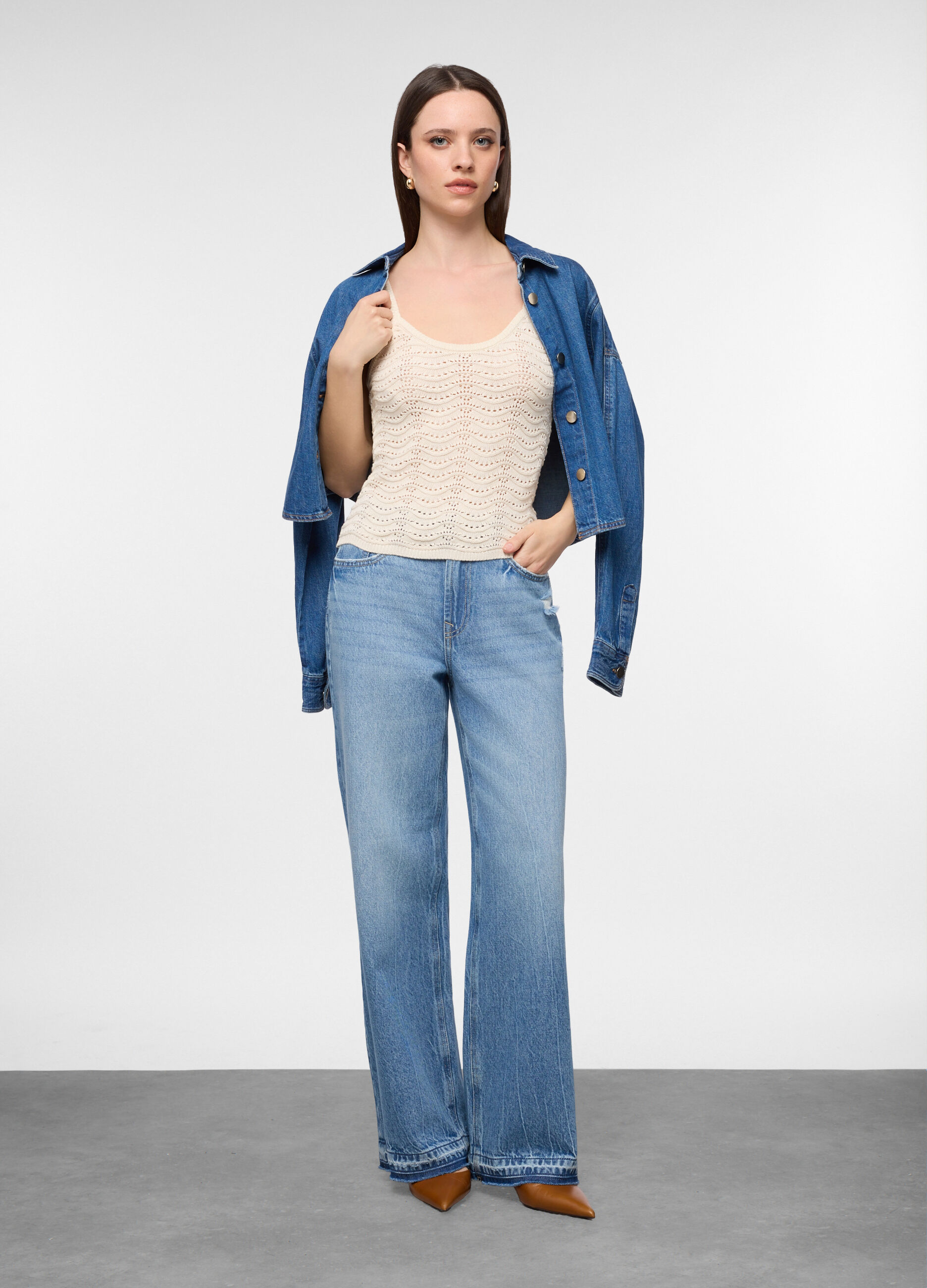 Pantaloni straight fit in denim di puro cotone donna_0