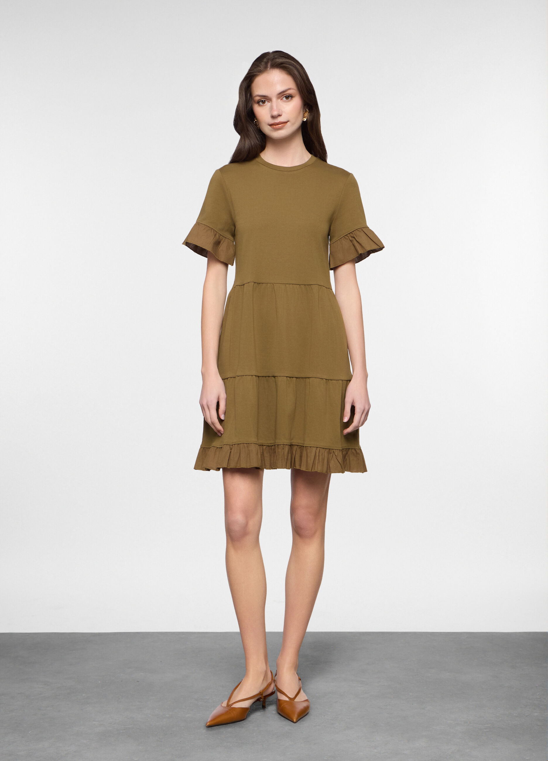 Abito corto a balze in costina di cotone stretch donna_0