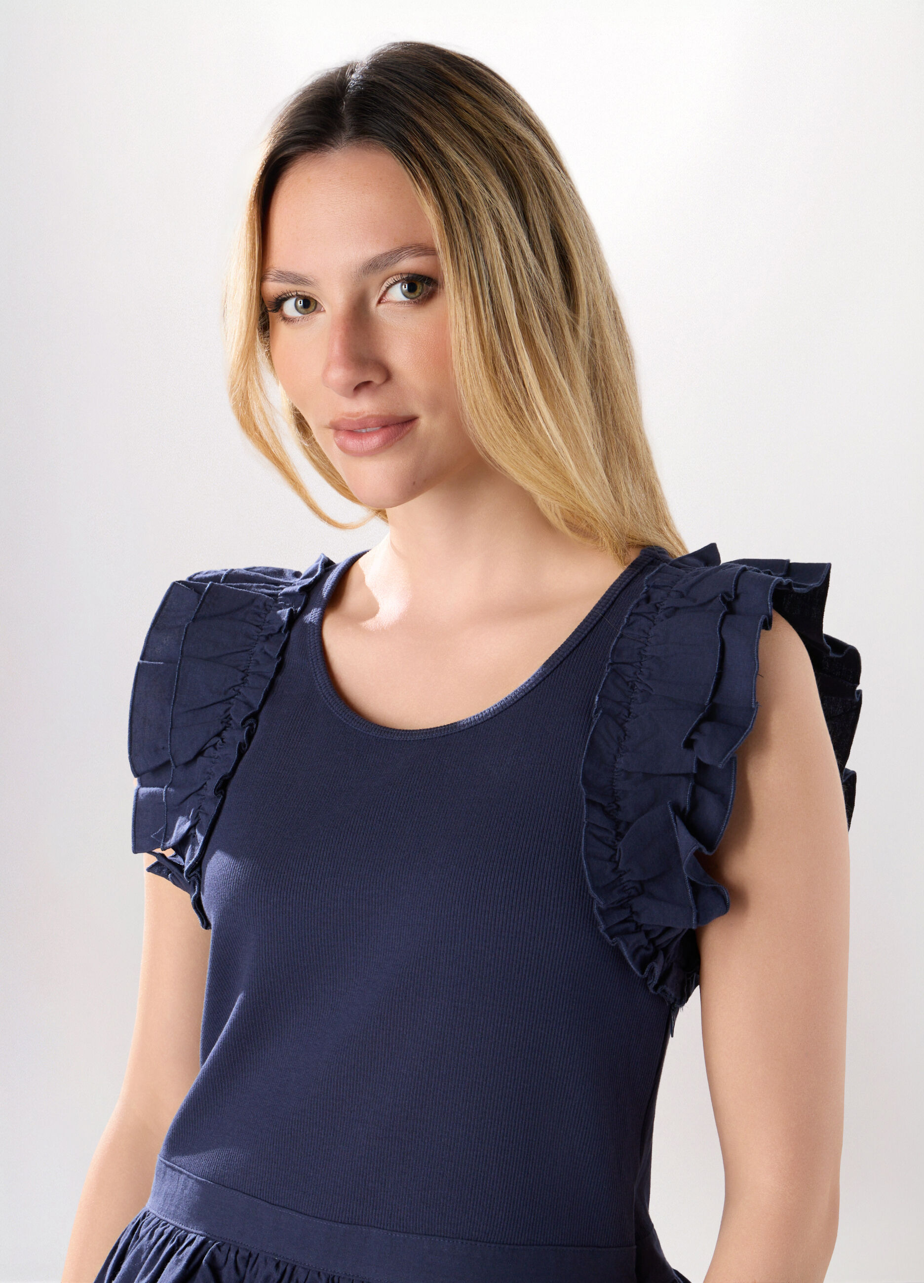 Abito corto in costina di cotone stretch donna_2