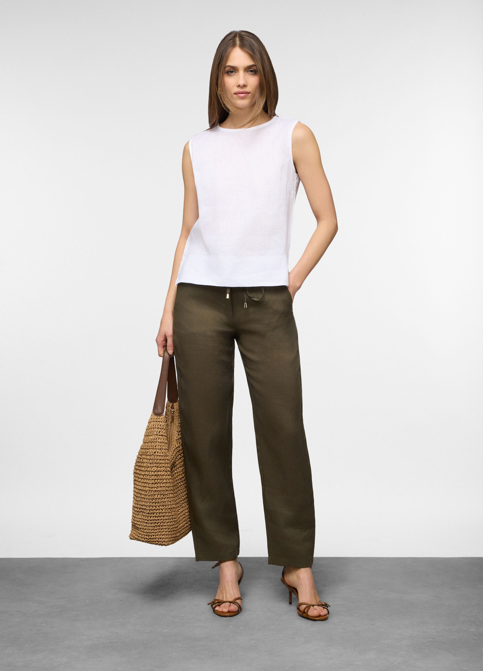 Pantaloni fit regular in puro lino donna_0
