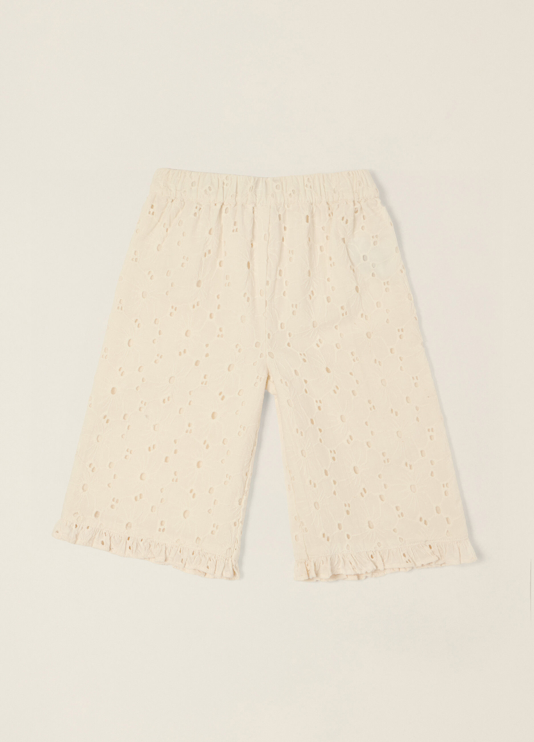 Pantaloni beige in puro cotone con texture traforata_0