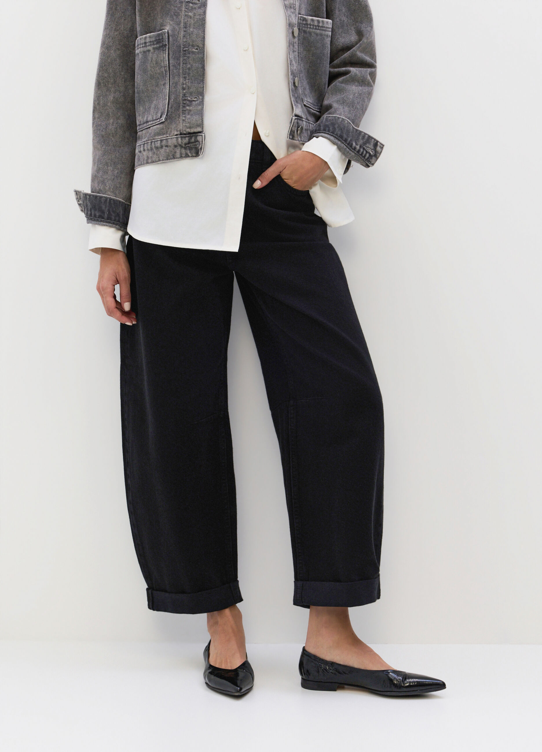 Pantaloni Barrel Fit in denim di puro cotone donna_3
