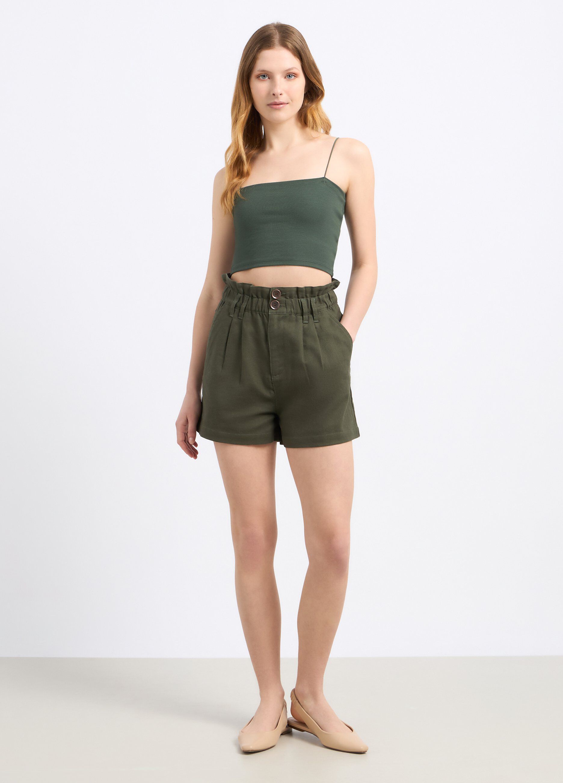 Shorts paperbag in misto lino donna