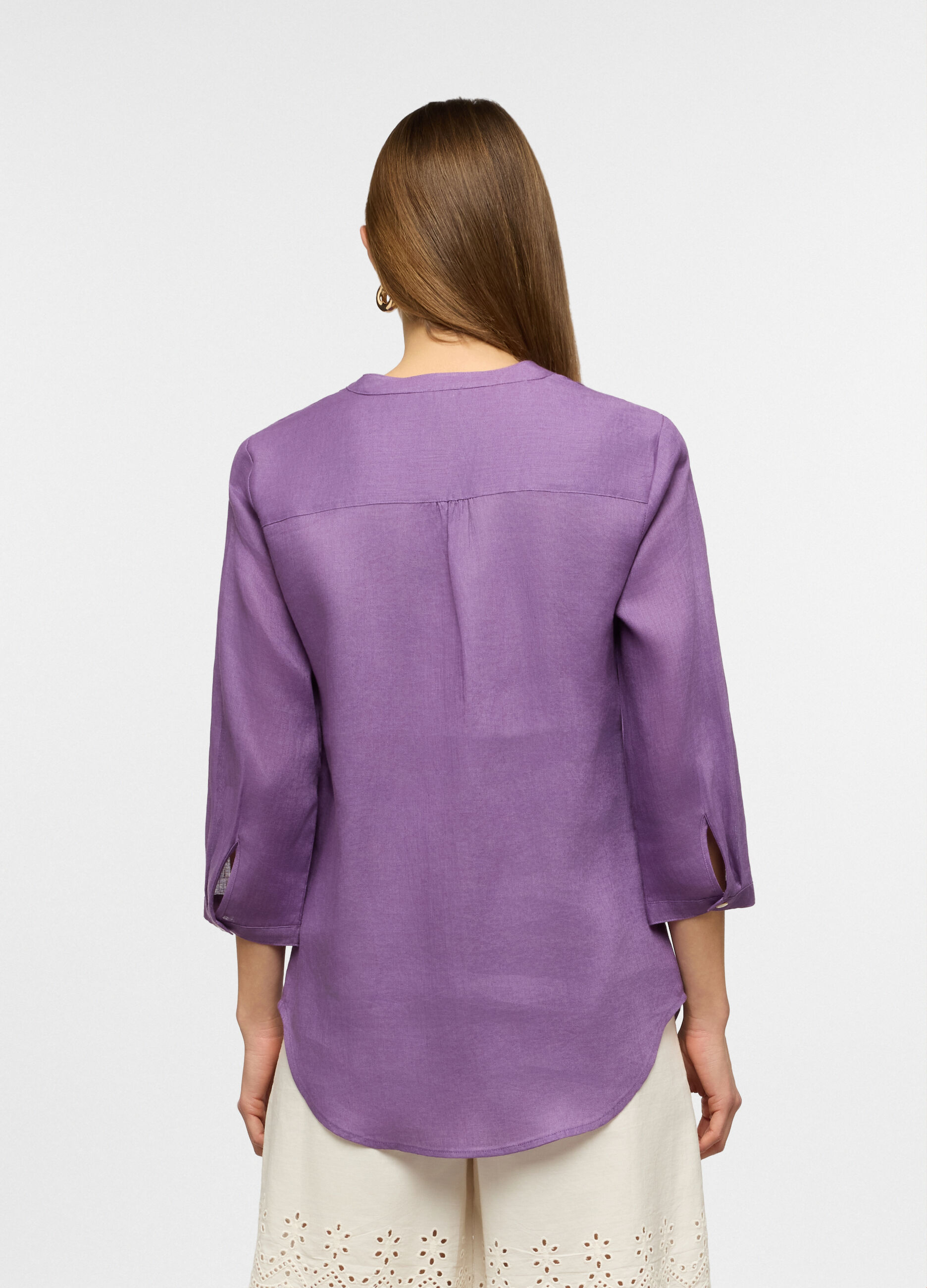 Camicia fit regular con collo coreano in puro lino donna_1