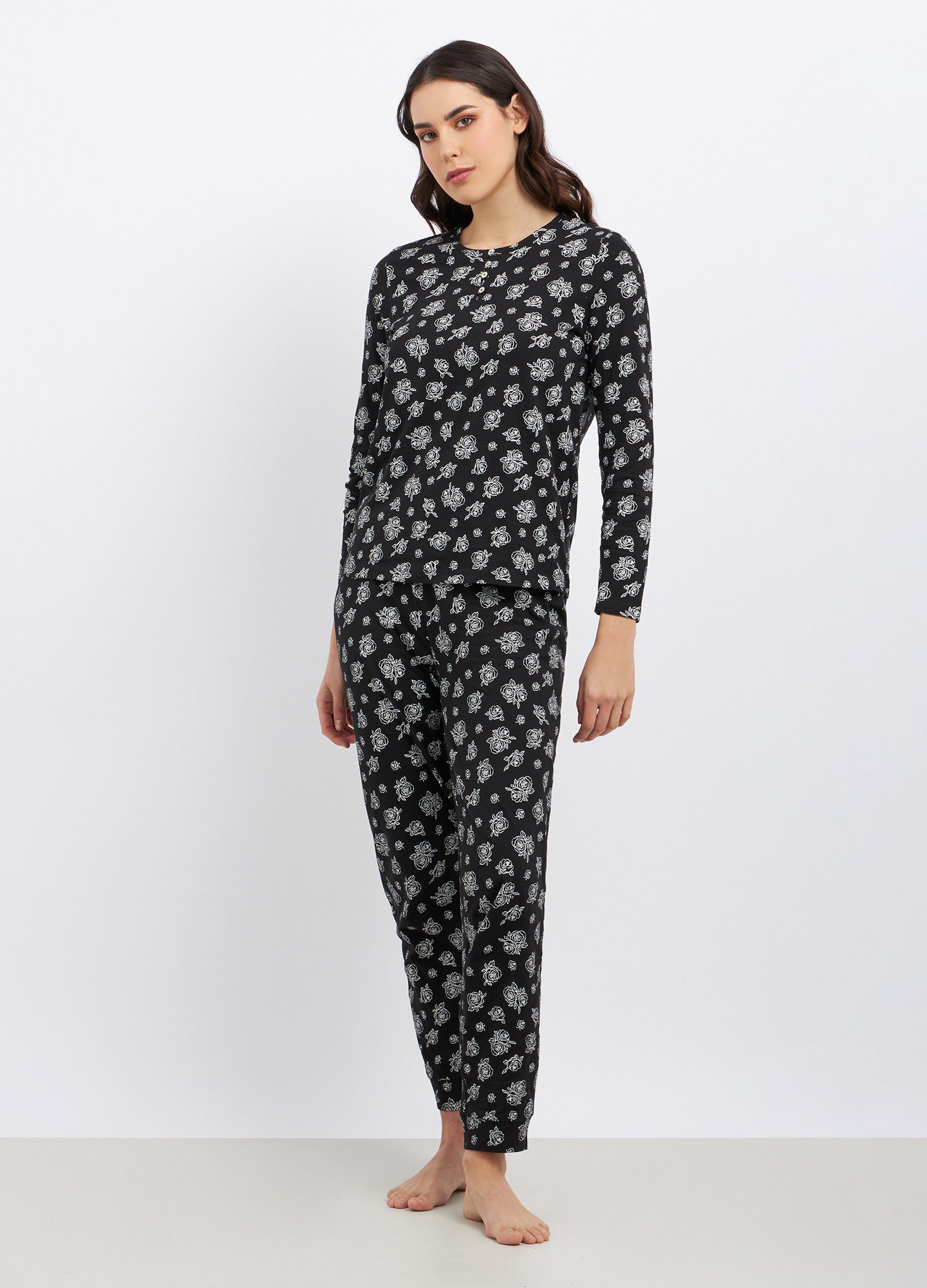 Set pigiama lungo in puro cotone stampato donna_0