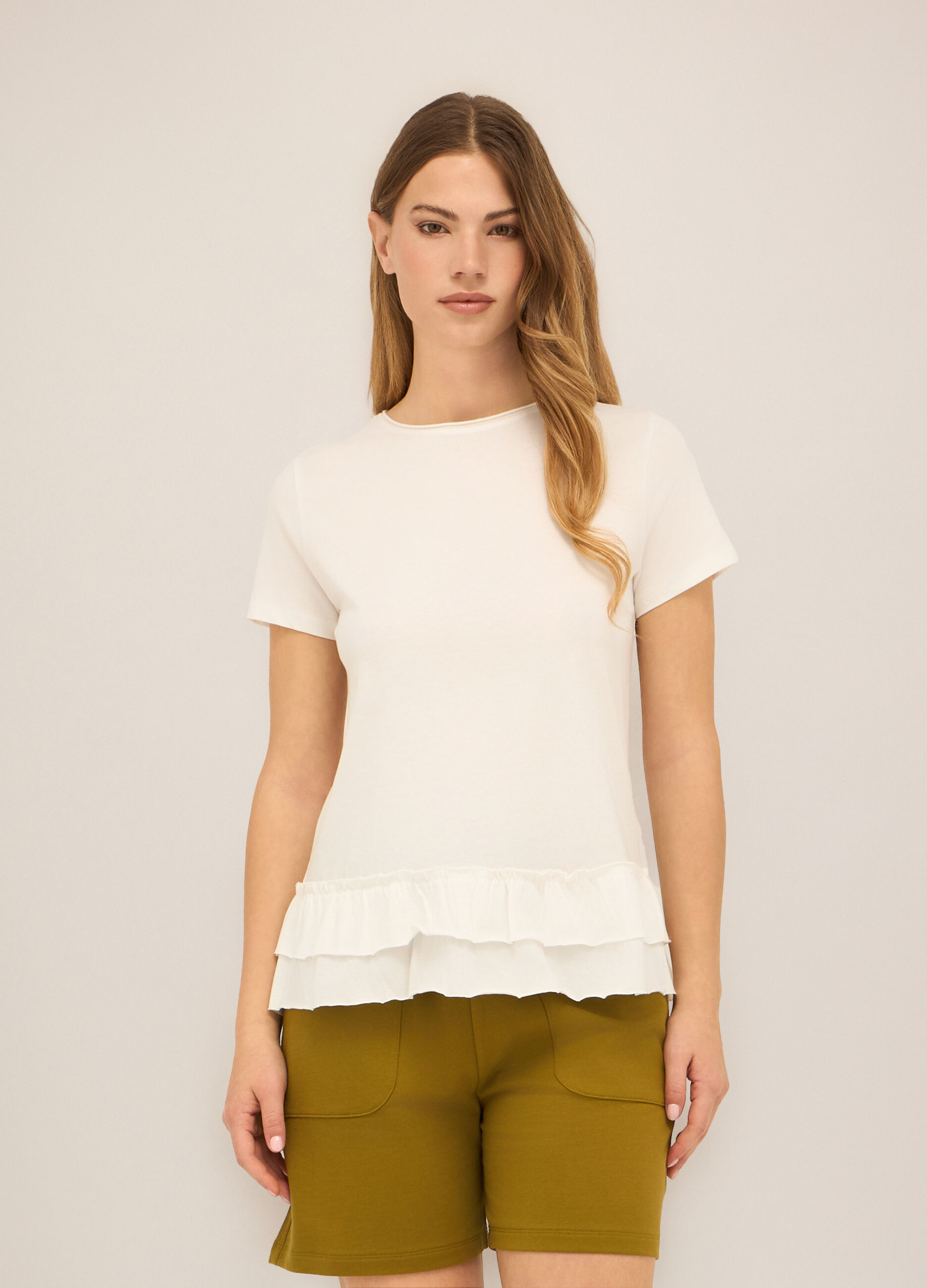 T-shirt in jersey di puro cotone con rouches donna_0
