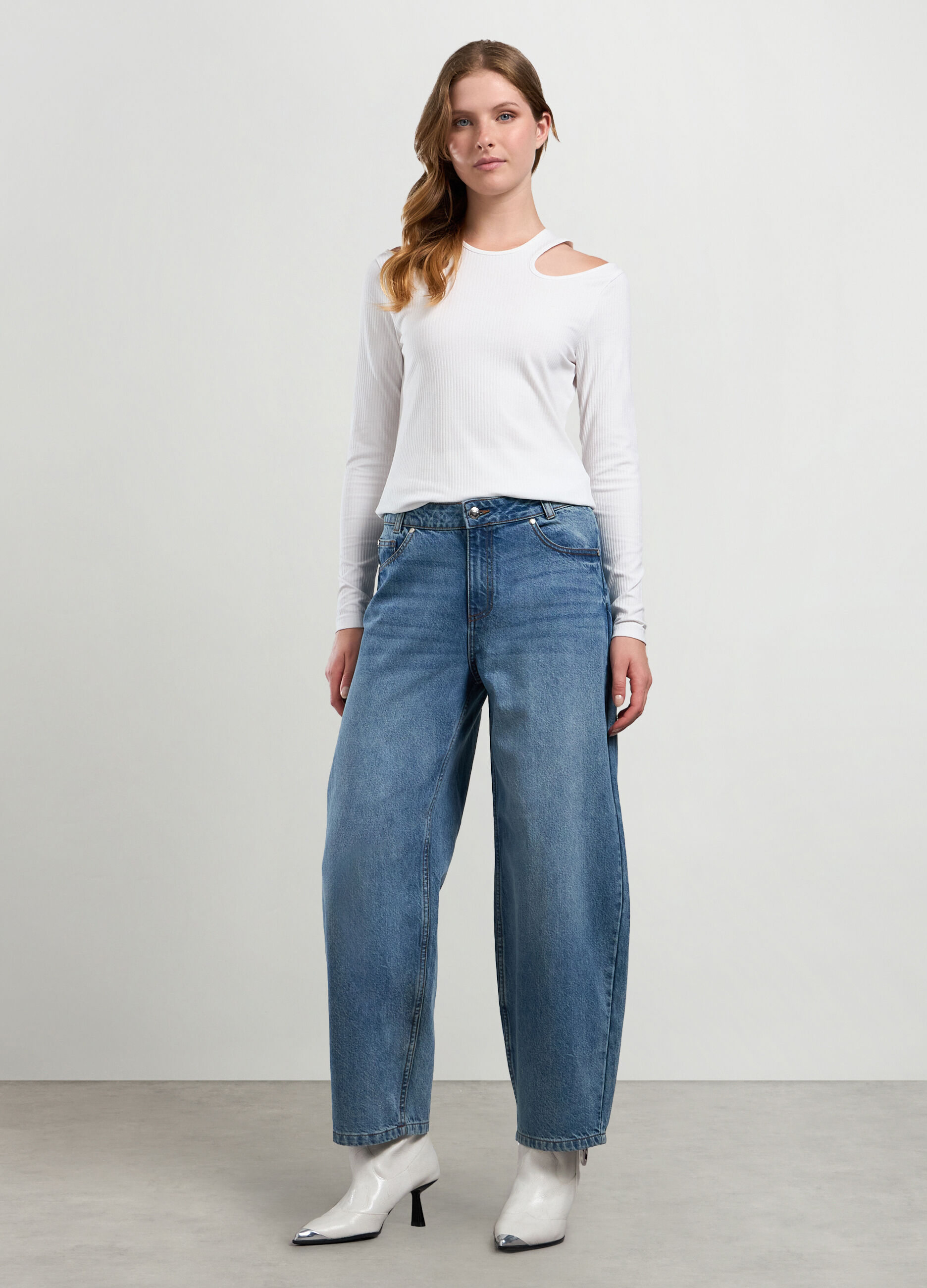 Pantaloni in denim di puro cotone wide leg donna_0