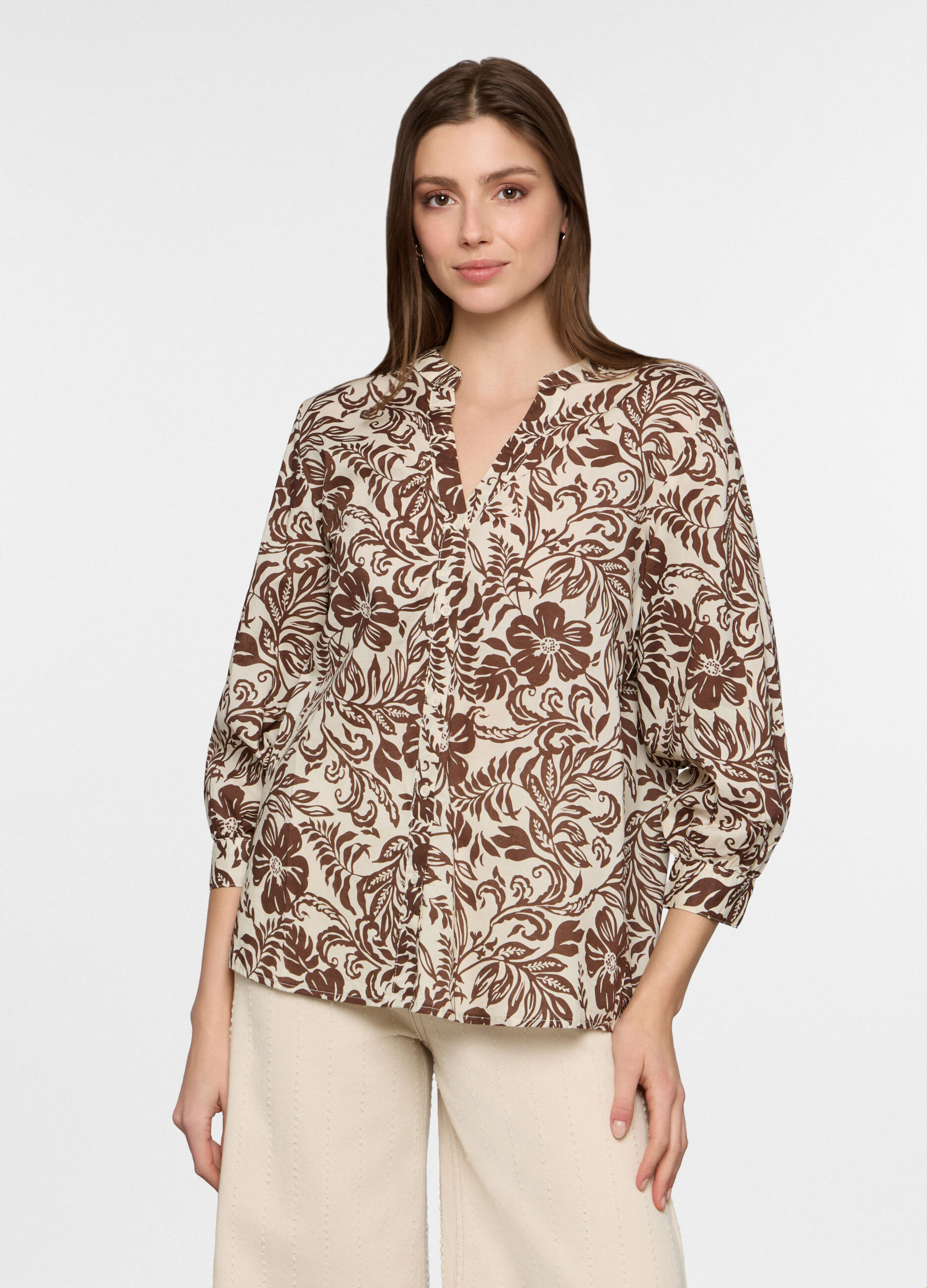 Camicia regular fit con scollo a V in popeline donna_0