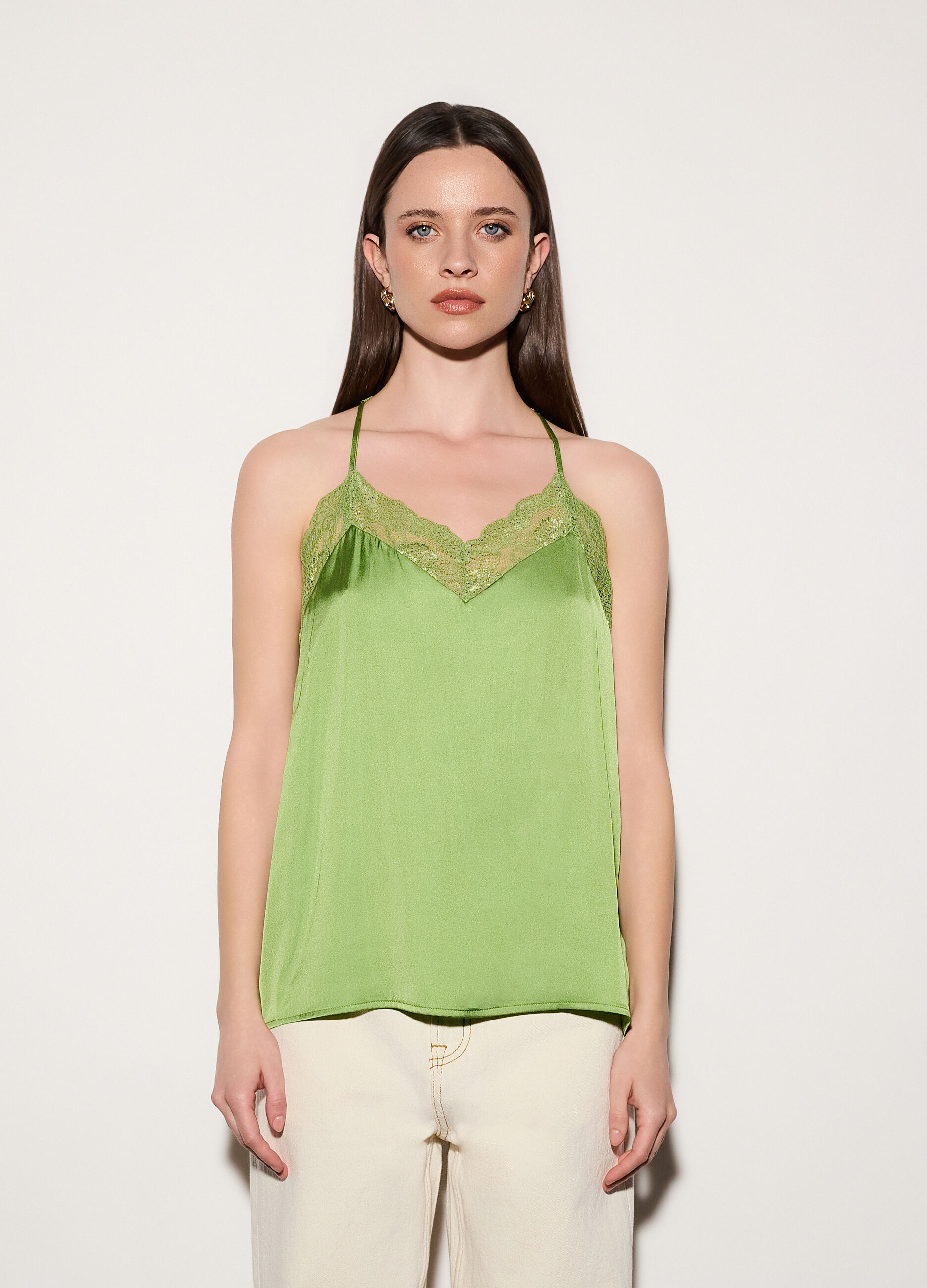 Top con scollo a V in raso e pizzo donna_1