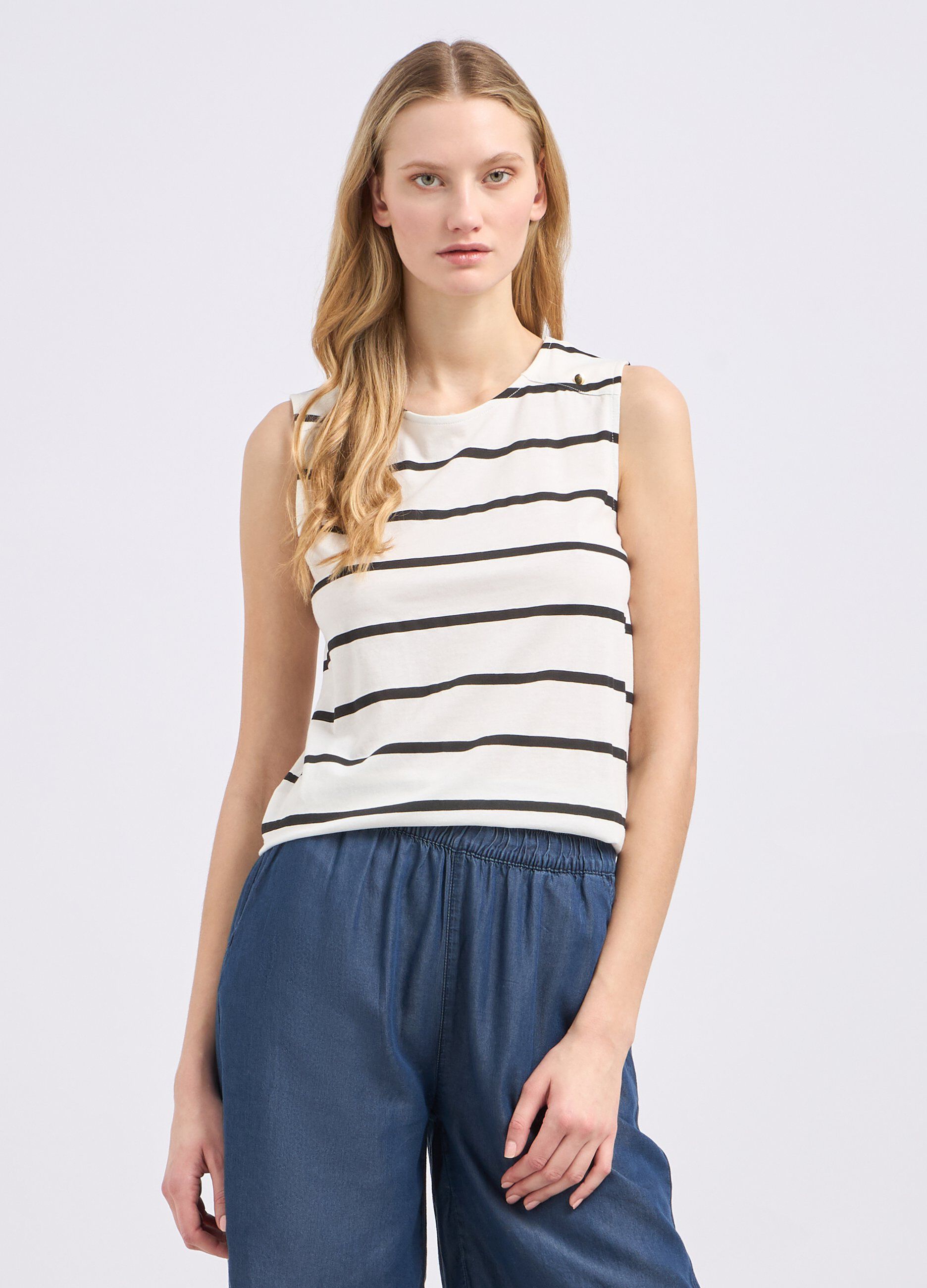 T-shirt smanicata a righe in puro cotone donna_0