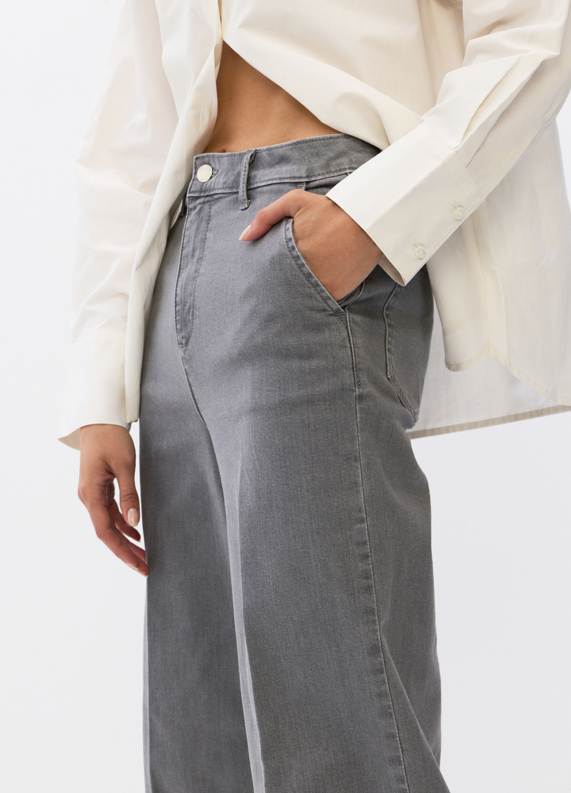 Pantaloni Wide Leg in denim di cotone stretch donna_4