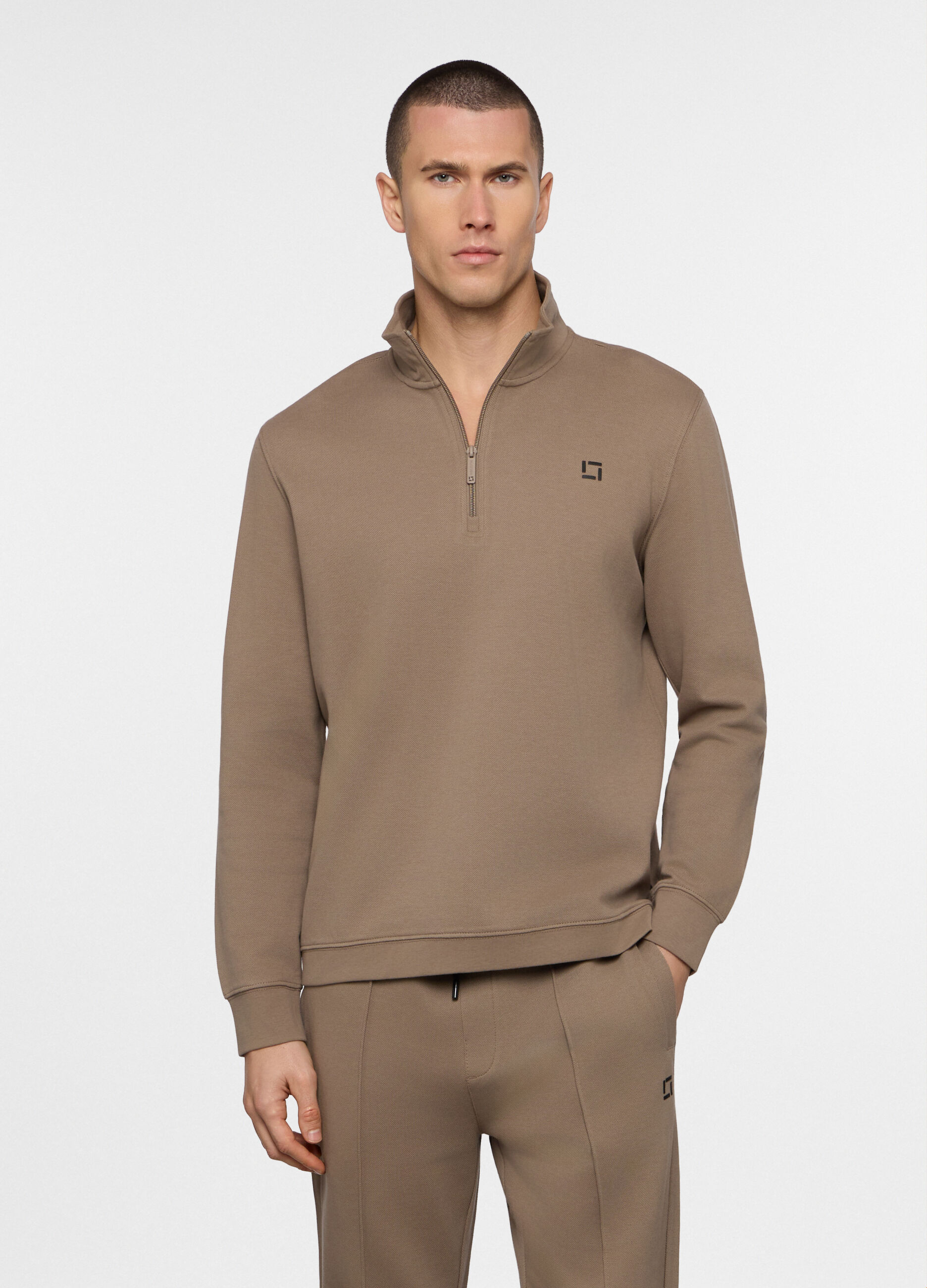 Felpa con mezza zip in piquet misto cotone uomo_0
