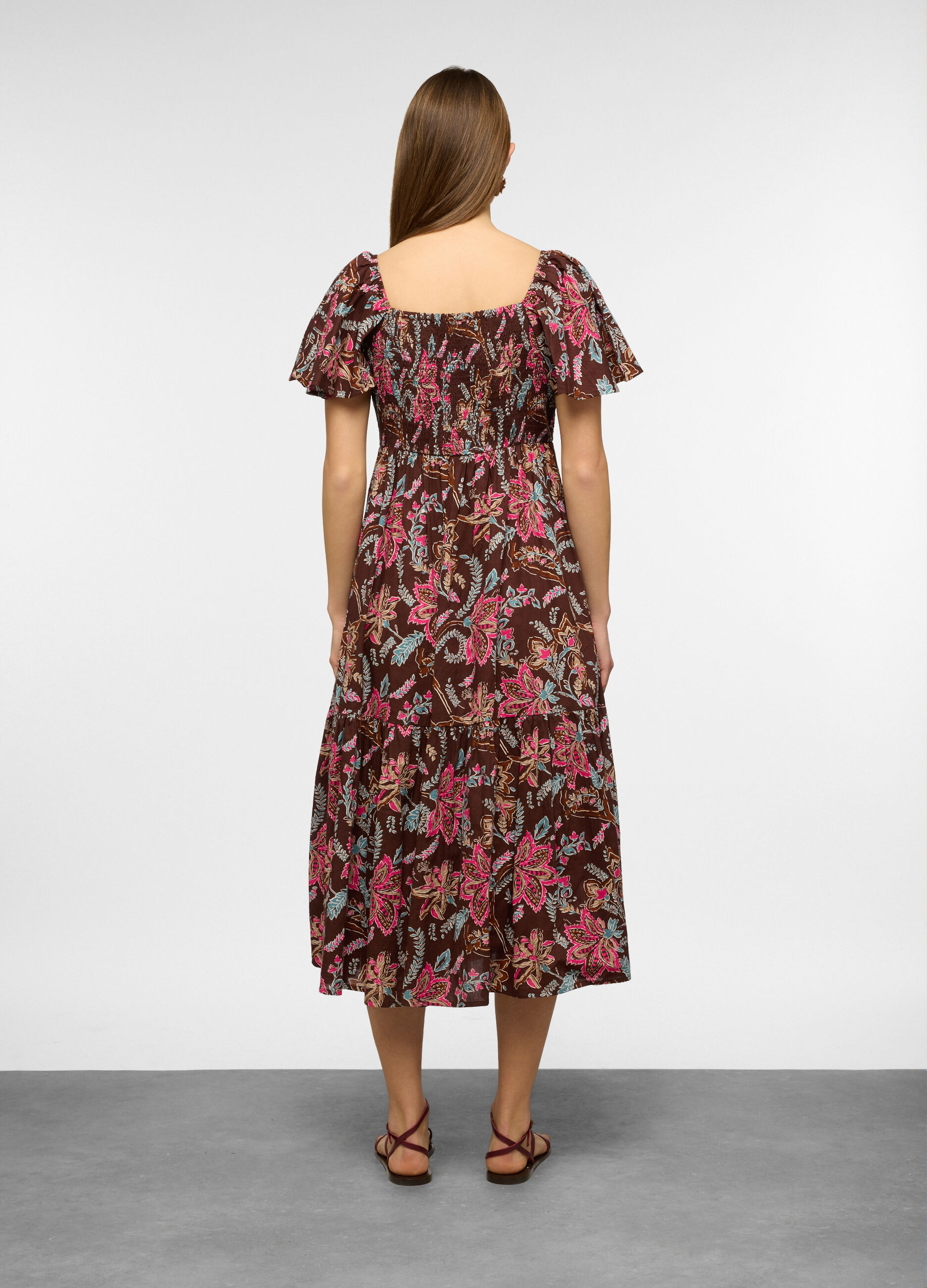 Vestito lungo con scollo quadrato e maniche corte in puro cotone donna_1