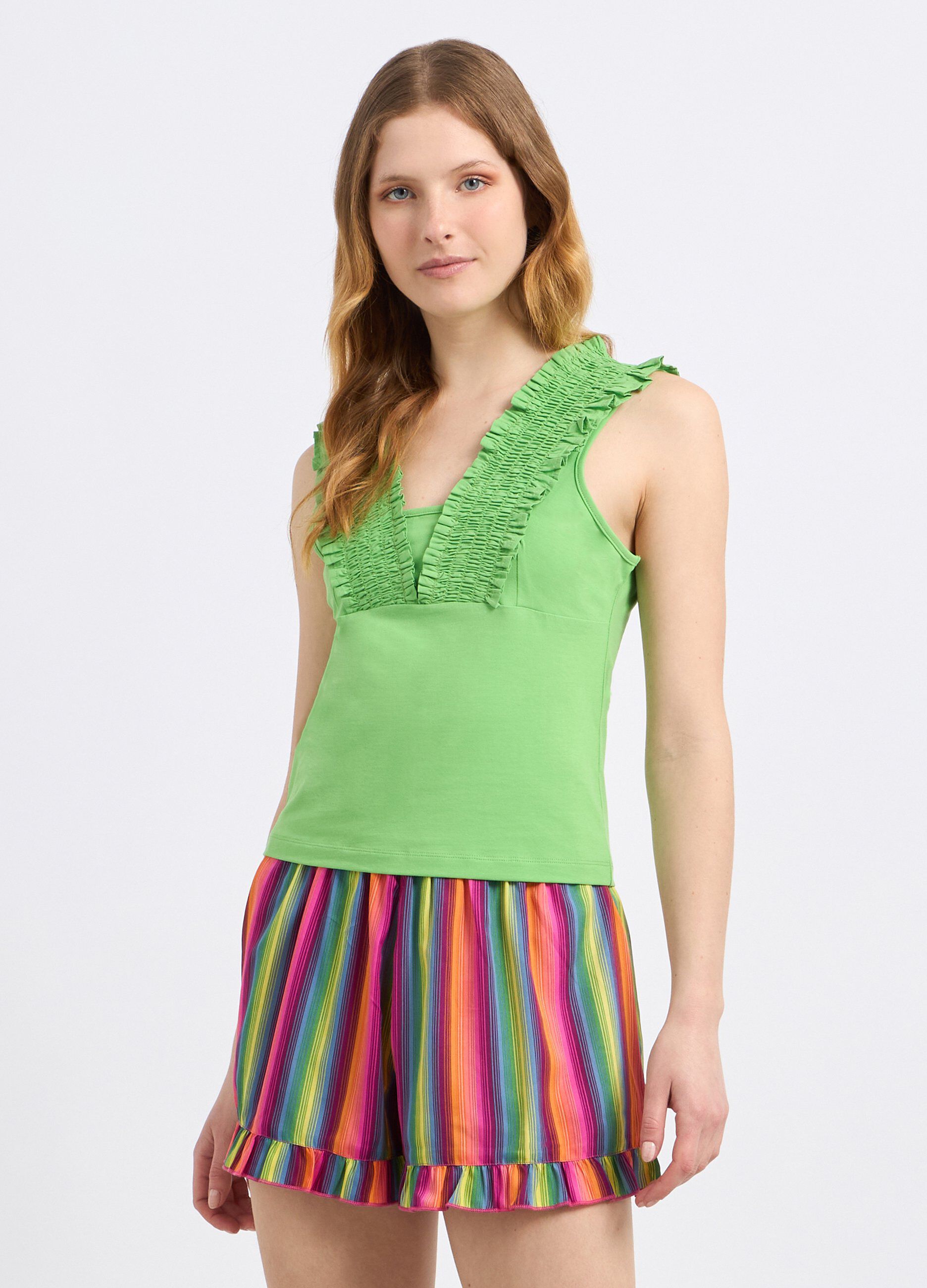 T-shirt in cotone stretch con punto smock donna_0