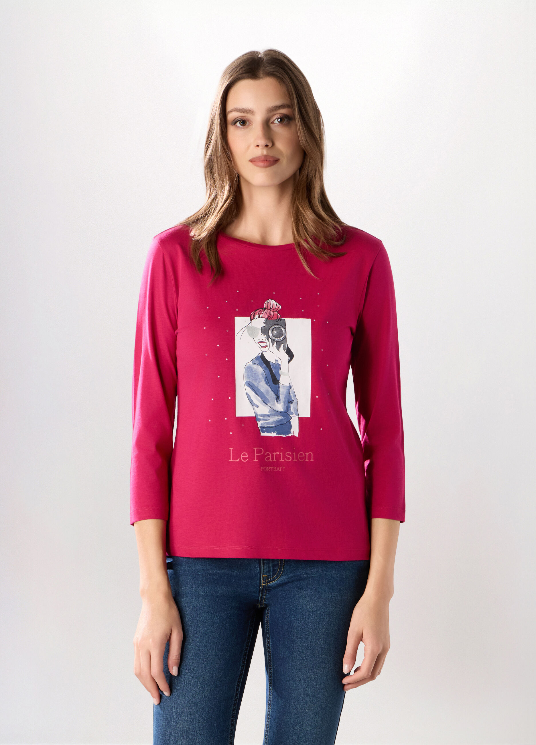 T-shirt in puro cotone con maniche a 3/4 donna_0