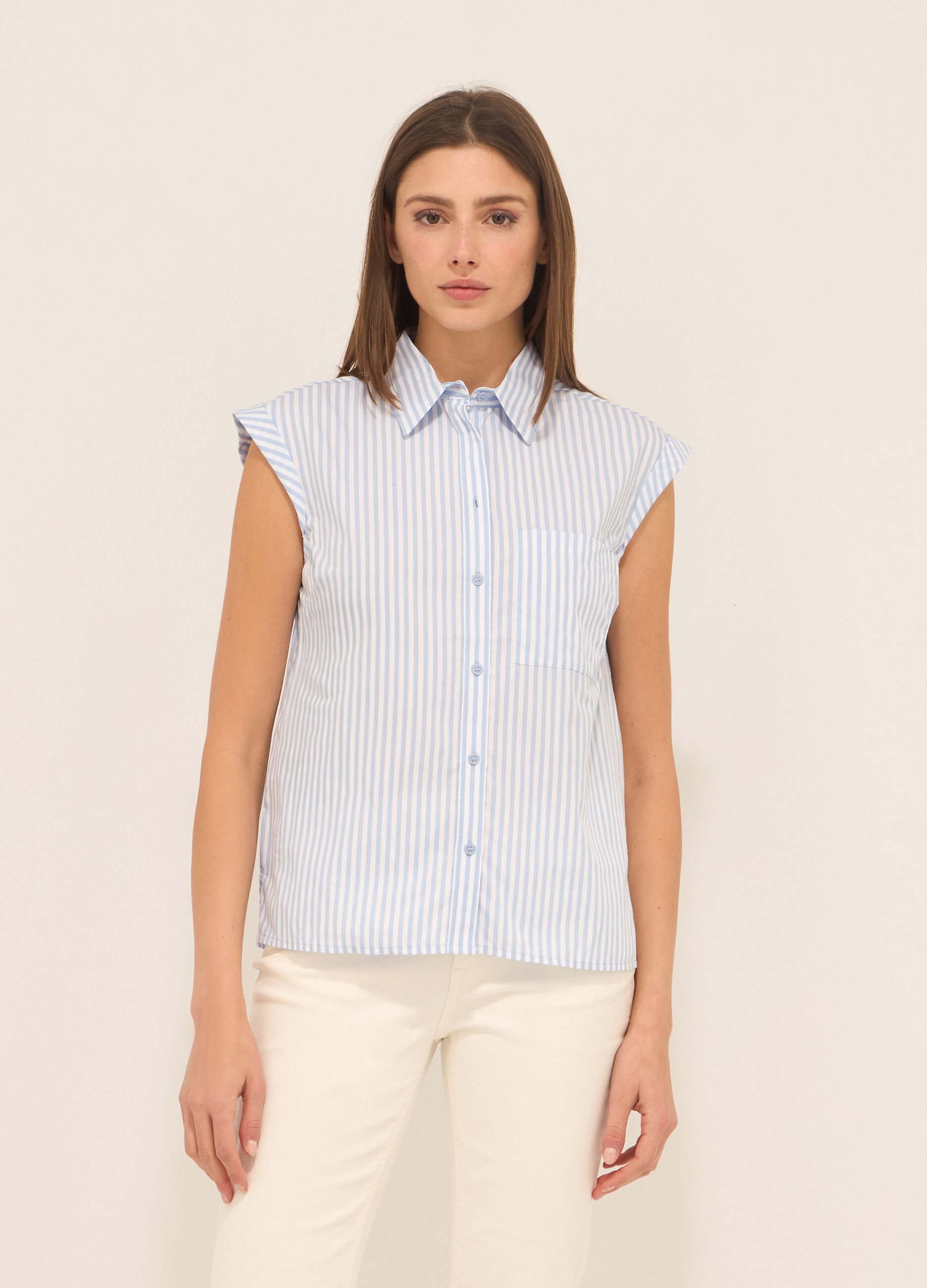 Camicia smanicata in popeline di puro cotone donna_0